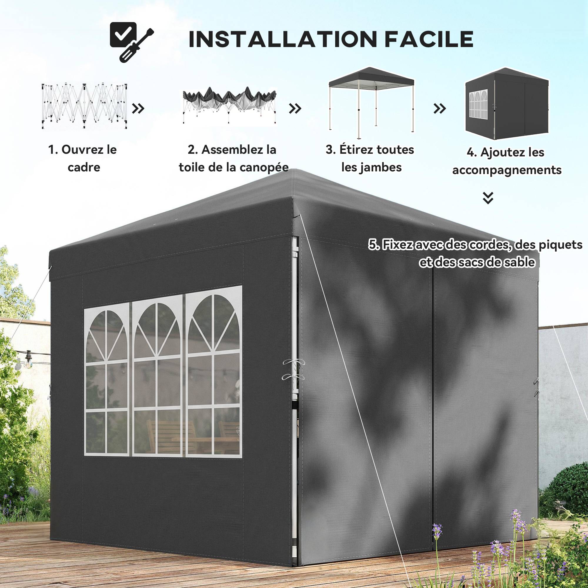 Tonnelle de jardin 2,5 x 2,5 m pop up tonnelle pliante réglable en hauteur protection UV50+ montage facile gris foncé - Image 9