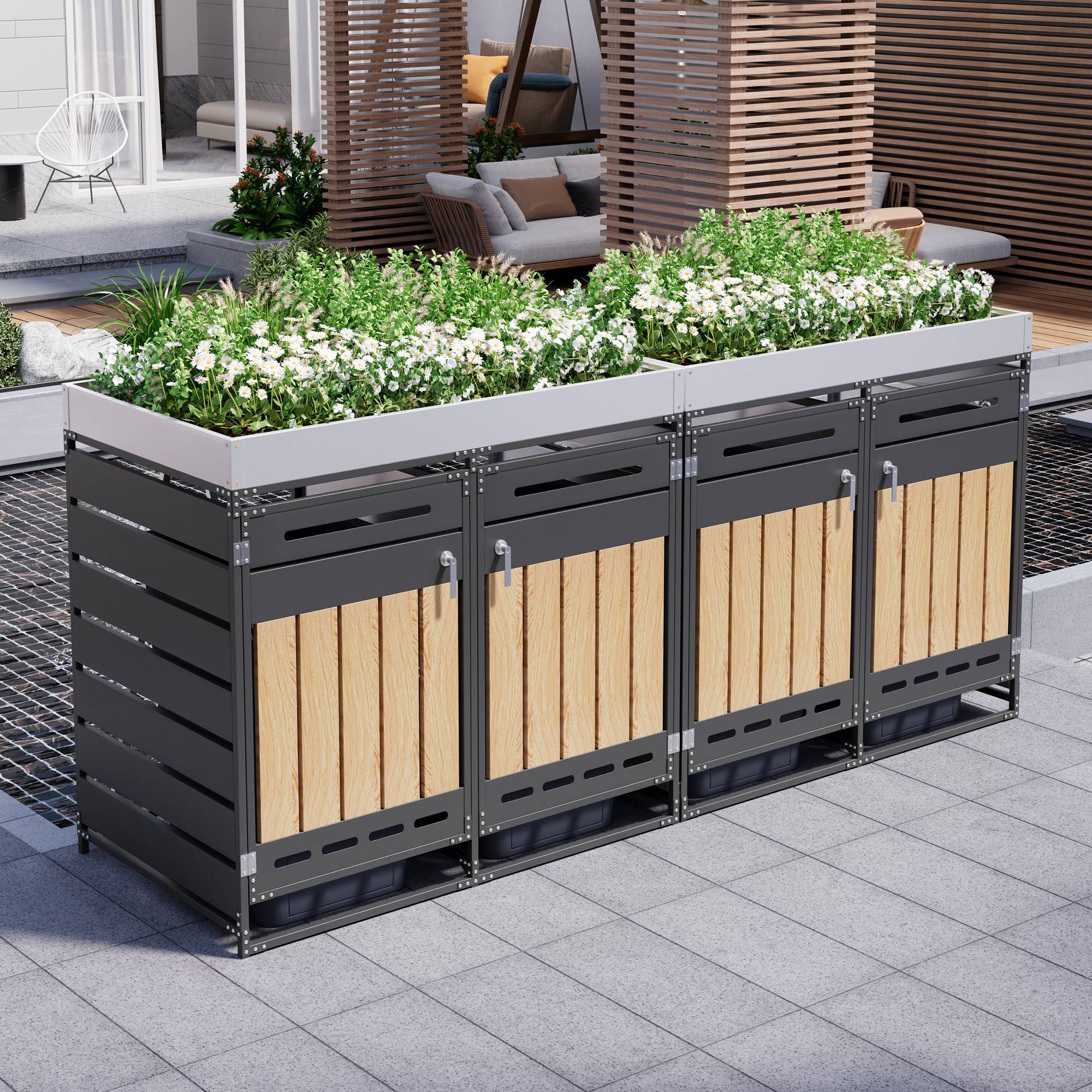 ComfortXL - Cache-poubelle 4 portes Acier Jardin Extérieur Avec jardinière 262x120cm Noir Aspect bois - ComfortXL Outdoor Living - Image 1