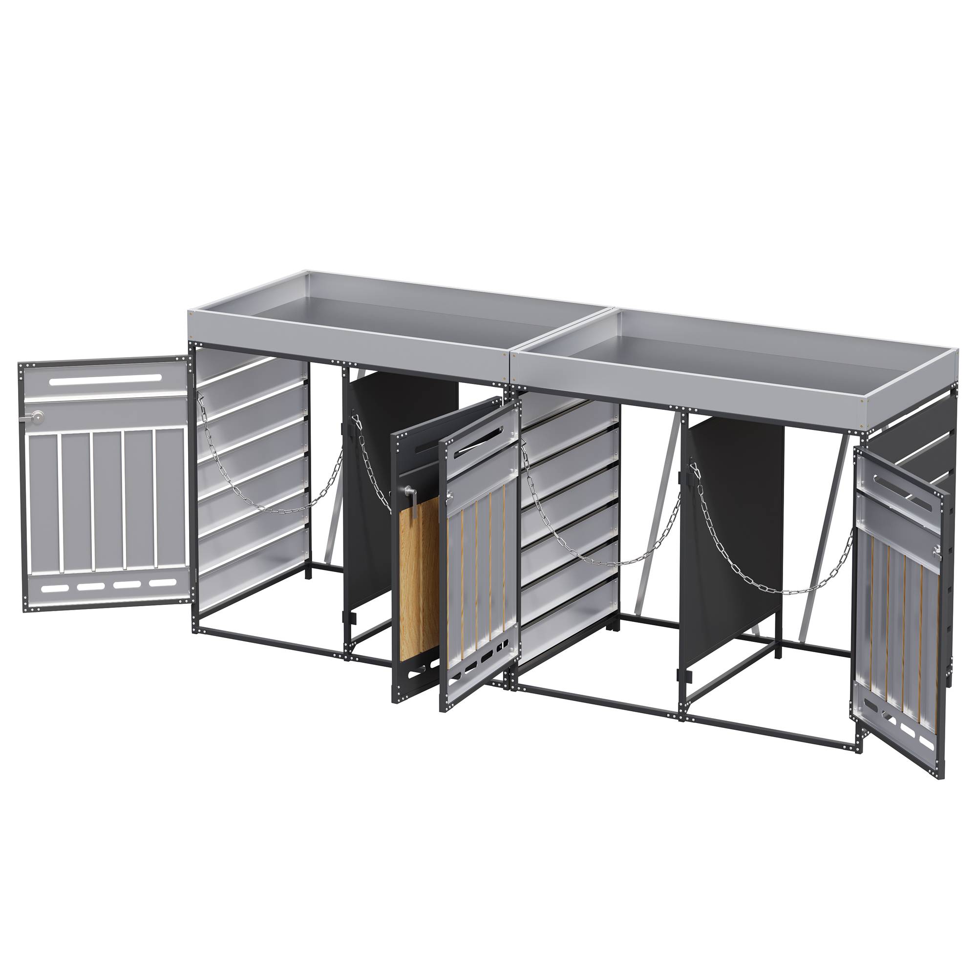 ComfortXL - Cache-poubelle 4 portes Acier Jardin Extérieur Avec jardinière 262x120cm Noir Aspect bois - ComfortXL Outdoor Living - Image 4