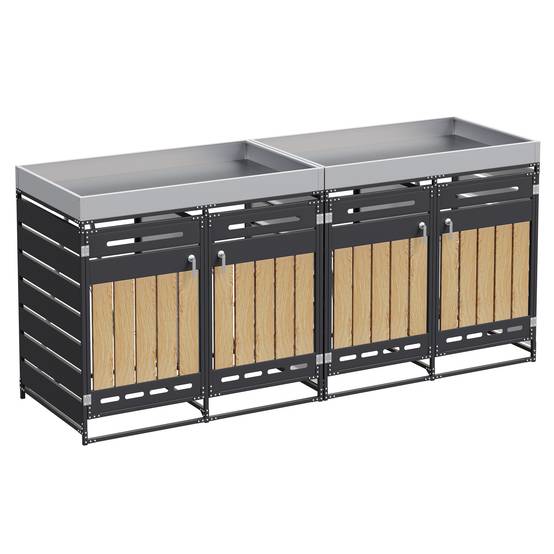 ComfortXL - Cache-poubelle 4 portes Acier Jardin Extérieur Avec jardinière 262x120cm Noir Aspect bois - ComfortXL Outdoor Living - Image 2