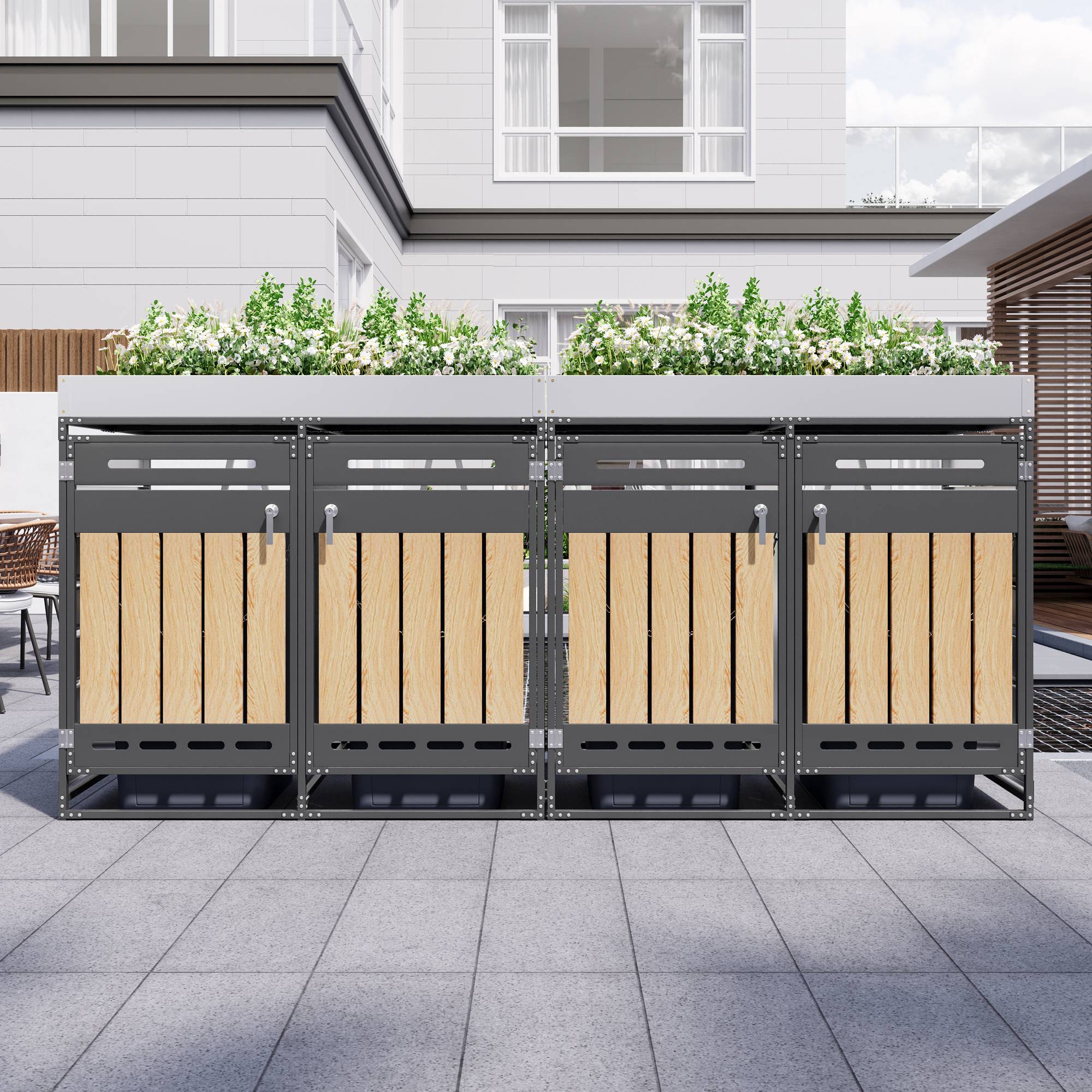 ComfortXL - Cache-poubelle 4 portes Acier Jardin Extérieur Avec jardinière 262x120cm Noir Aspect bois - ComfortXL Outdoor Living - Image 10