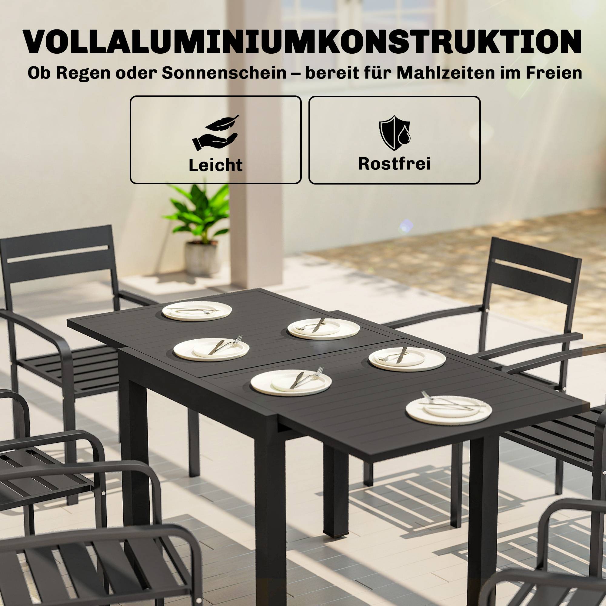 Table de jardin extensible, 80/160 x 80 cm, table à manger rectangulaire en aluminium pour 4 à 6 personnes avec plateau à lattes - Image 7