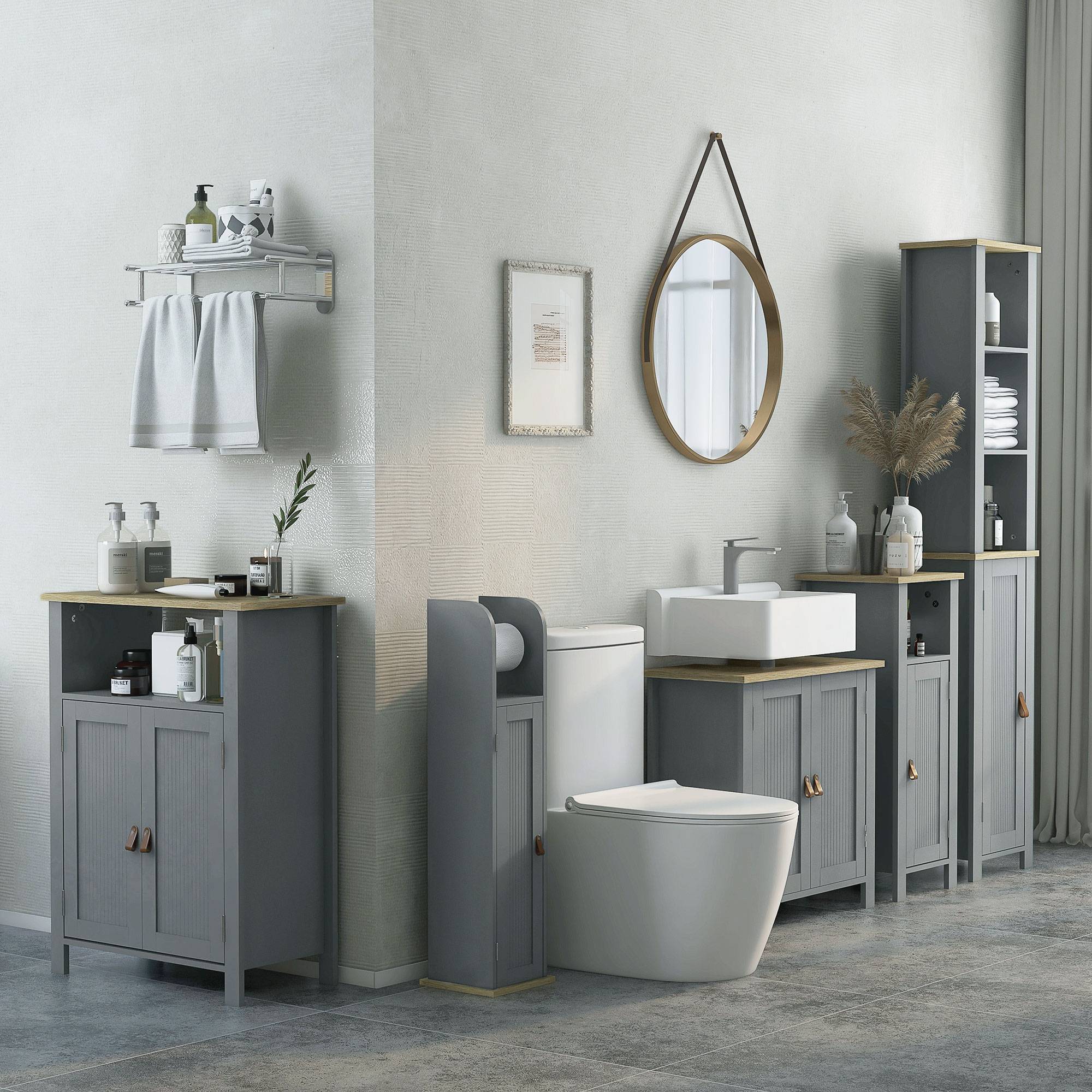 Sans Marque - Meuble sous lavabo 2 portes étagère réglable 2 étages intérieur poignées PU 60x30x60 cm gris - Image 3