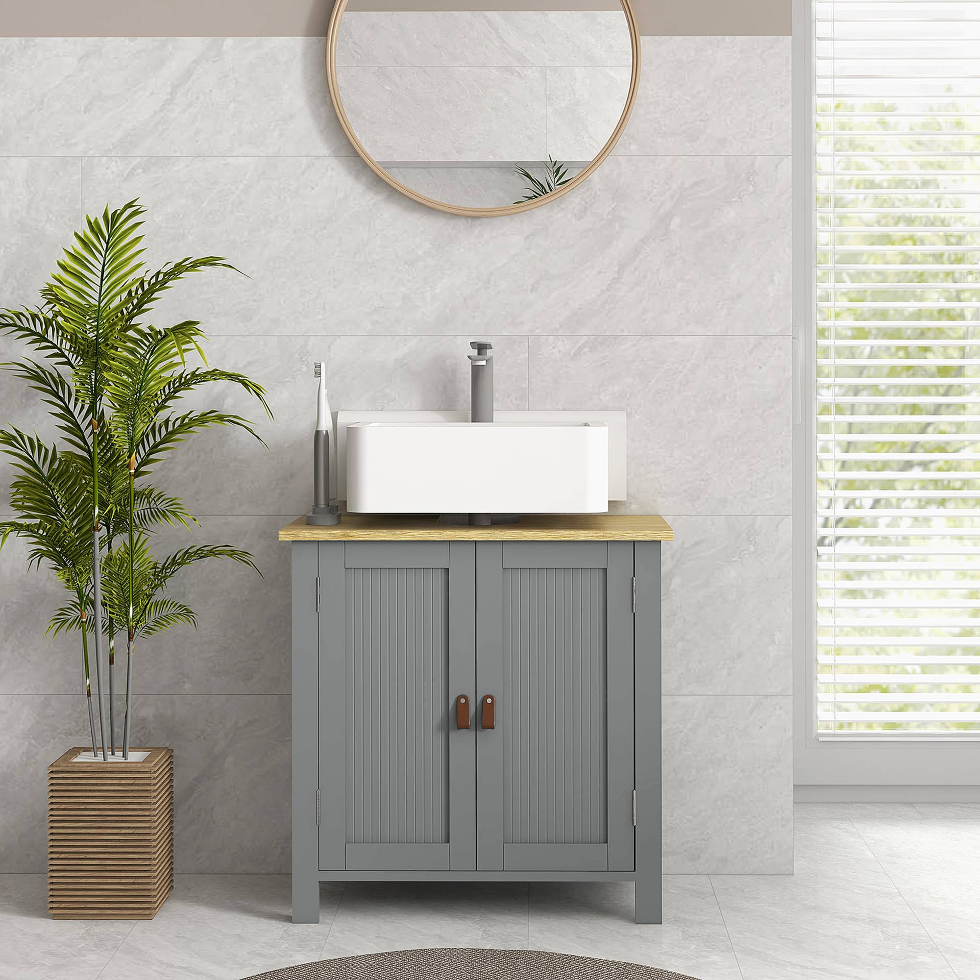 Sans Marque - Meuble sous lavabo 2 portes étagère réglable 2 étages intérieur poignées PU 60x30x60 cm gris - Image 4