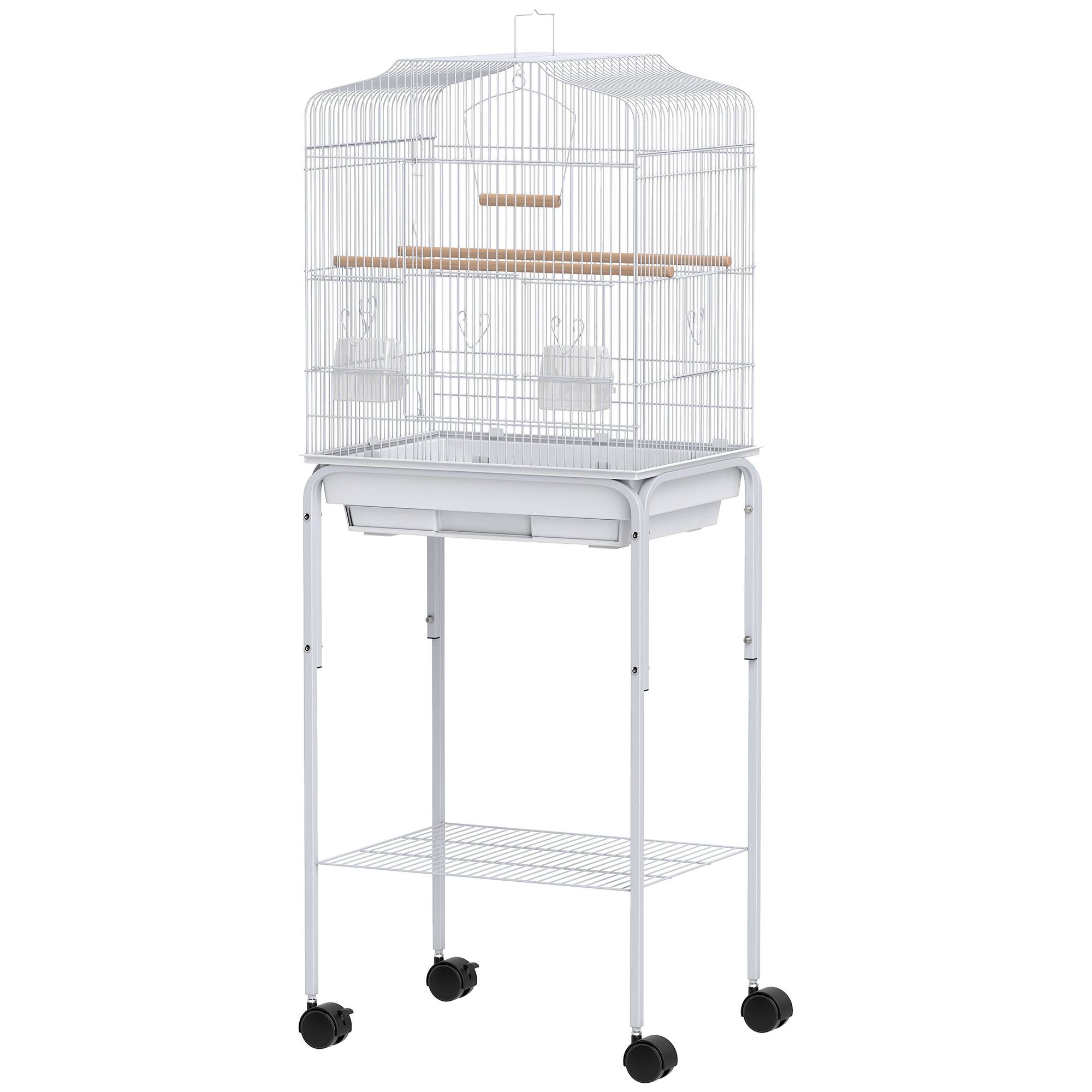 Sans Marque - Cage à oiseaux avec roulettes, étagère, portes, 2 mangeoires, 2 perchoirs, balançoire, plateau amovible, 46,5 x 36 x 124 cm, blanche - Image 2