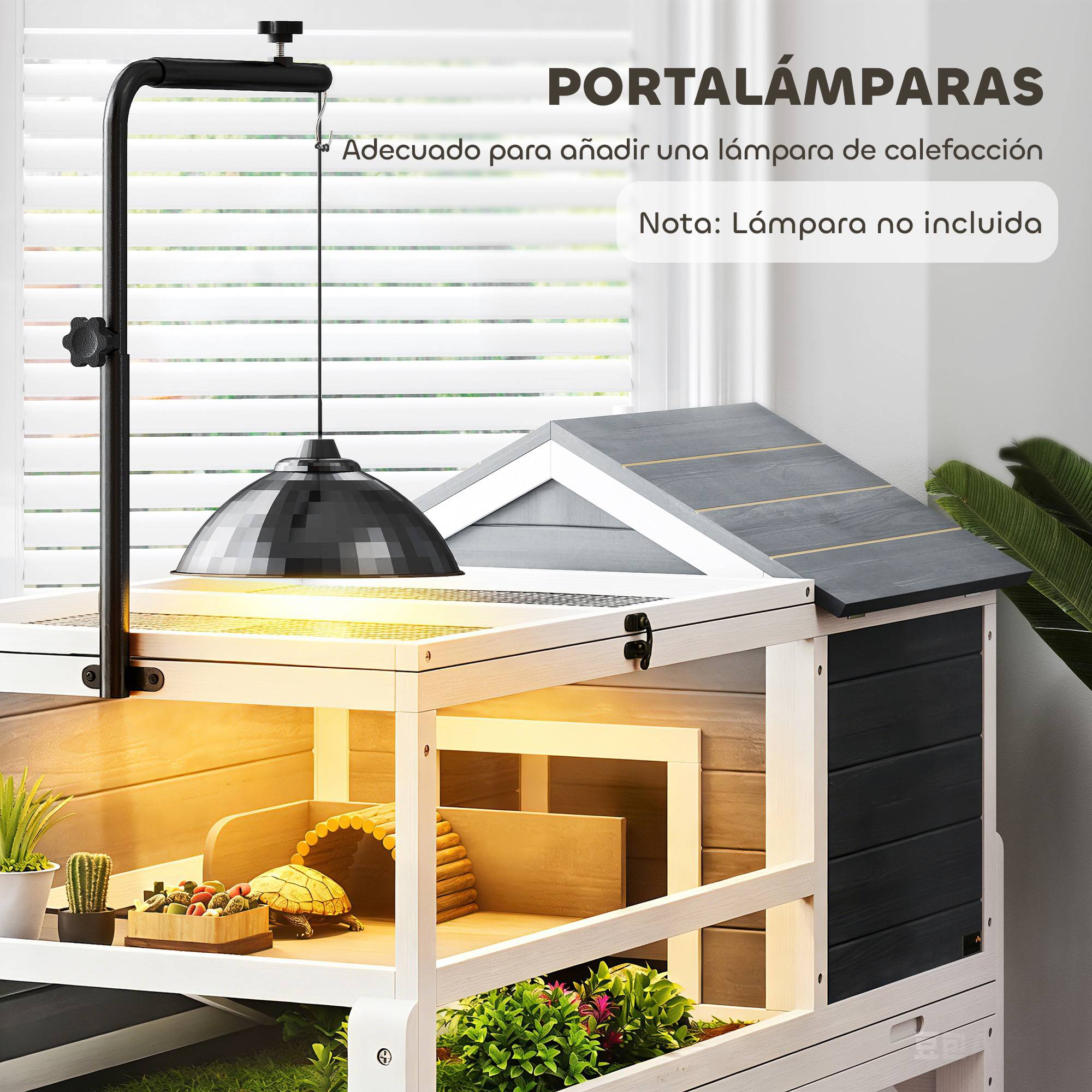 Maison pour tortues en bois avec support de lampe réglable, toits rabattables, bac amovible et étagère - Image 7