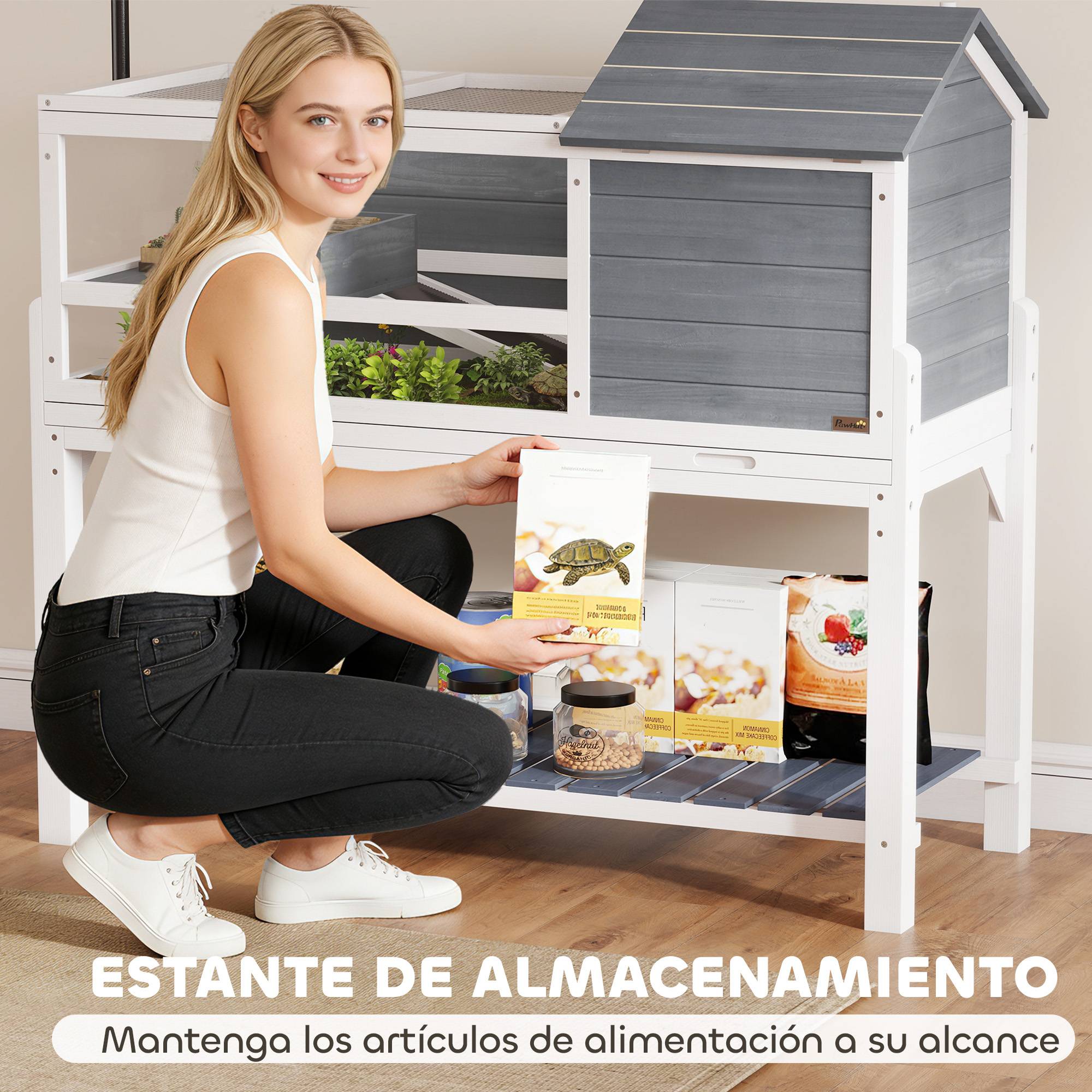 Maison pour tortues en bois avec support de lampe réglable, toits rabattables, bac amovible et étagère - Image 10