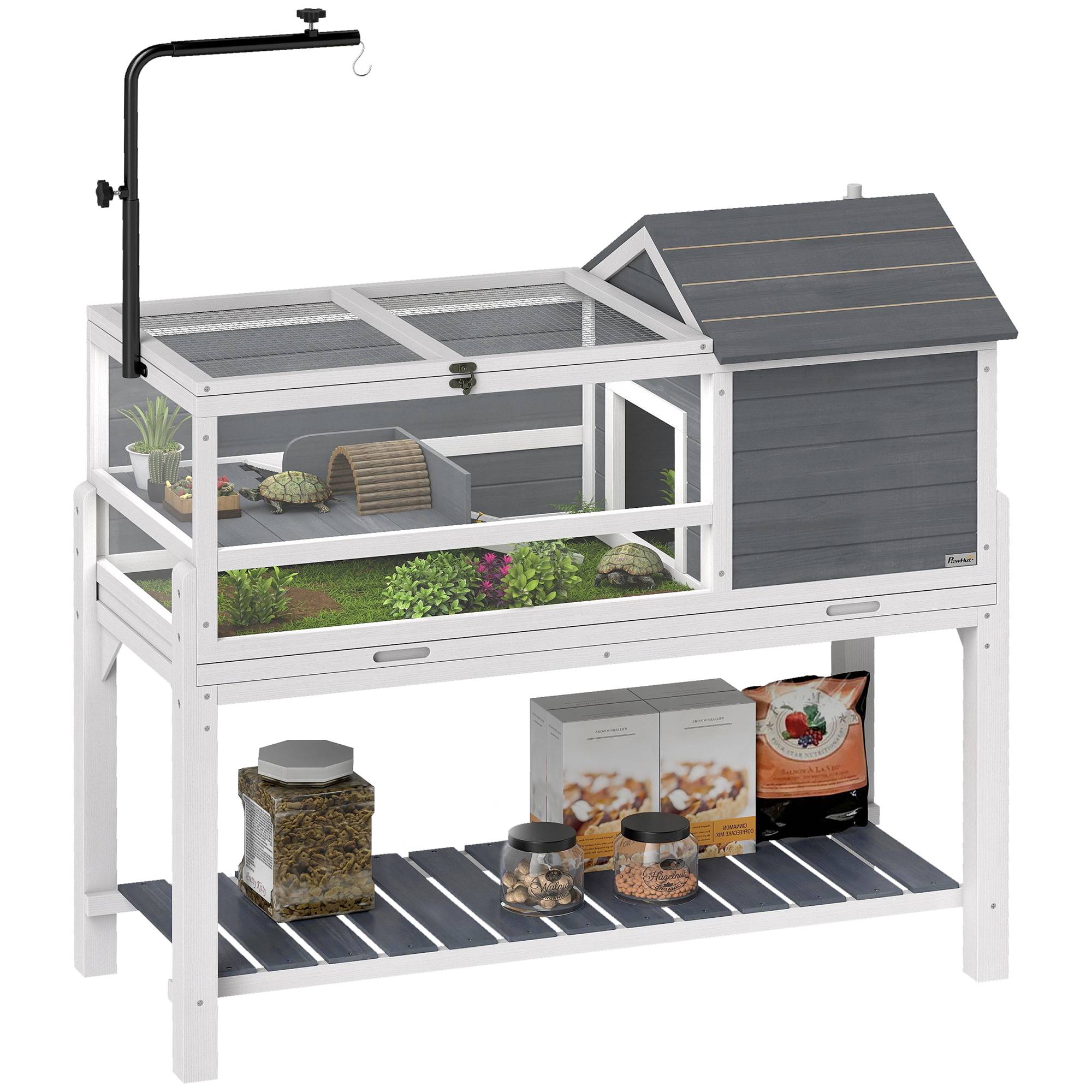 Maison pour tortues en bois avec support de lampe réglable, toits rabattables, bac amovible et étagère - Image 1