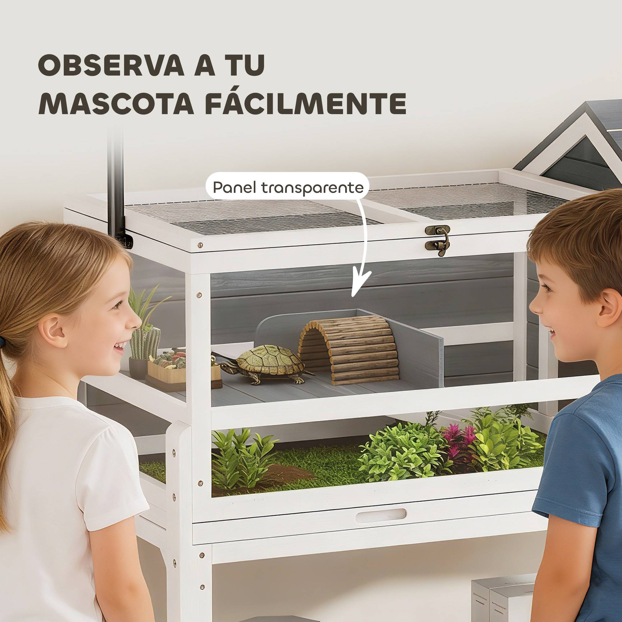Maison pour tortues en bois avec support de lampe réglable, toits rabattables, bac amovible et étagère - Image 9