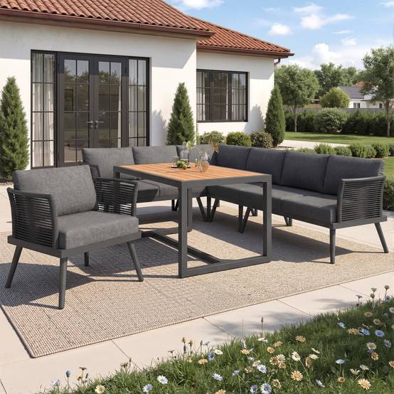 Canapé de jardin en L à sept places avec accoudoirs tressés, résistant aux intempéries, structure en fer, avec coussins et oreillers, gris - Image 3