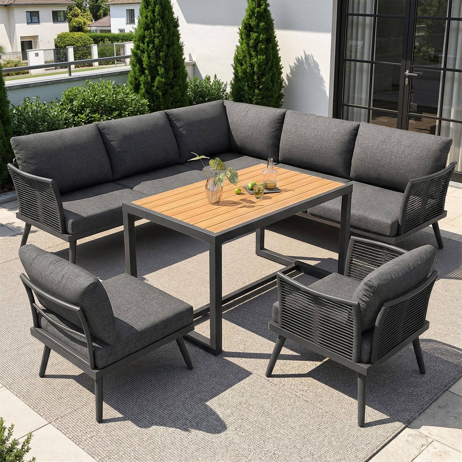 Canapé de jardin en L à sept places avec accoudoirs tressés, résistant aux intempéries, structure en fer, avec coussins et oreillers, gris - Image 1