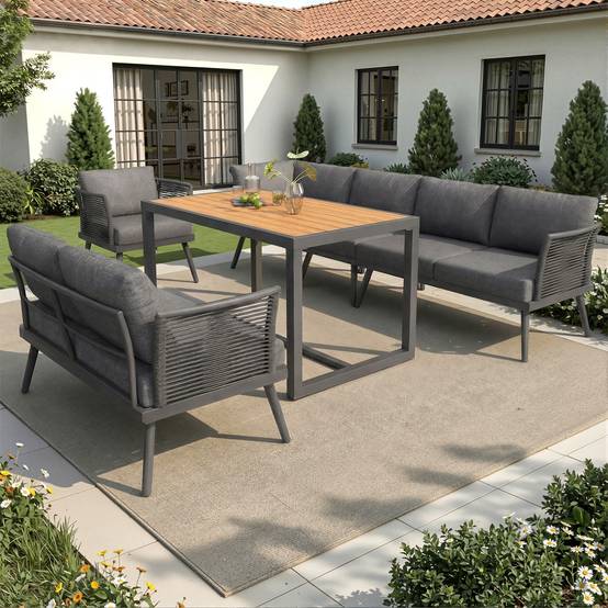 Canapé de jardin en L à sept places avec accoudoirs tressés, résistant aux intempéries, structure en fer, avec coussins et oreillers, gris - Image 2