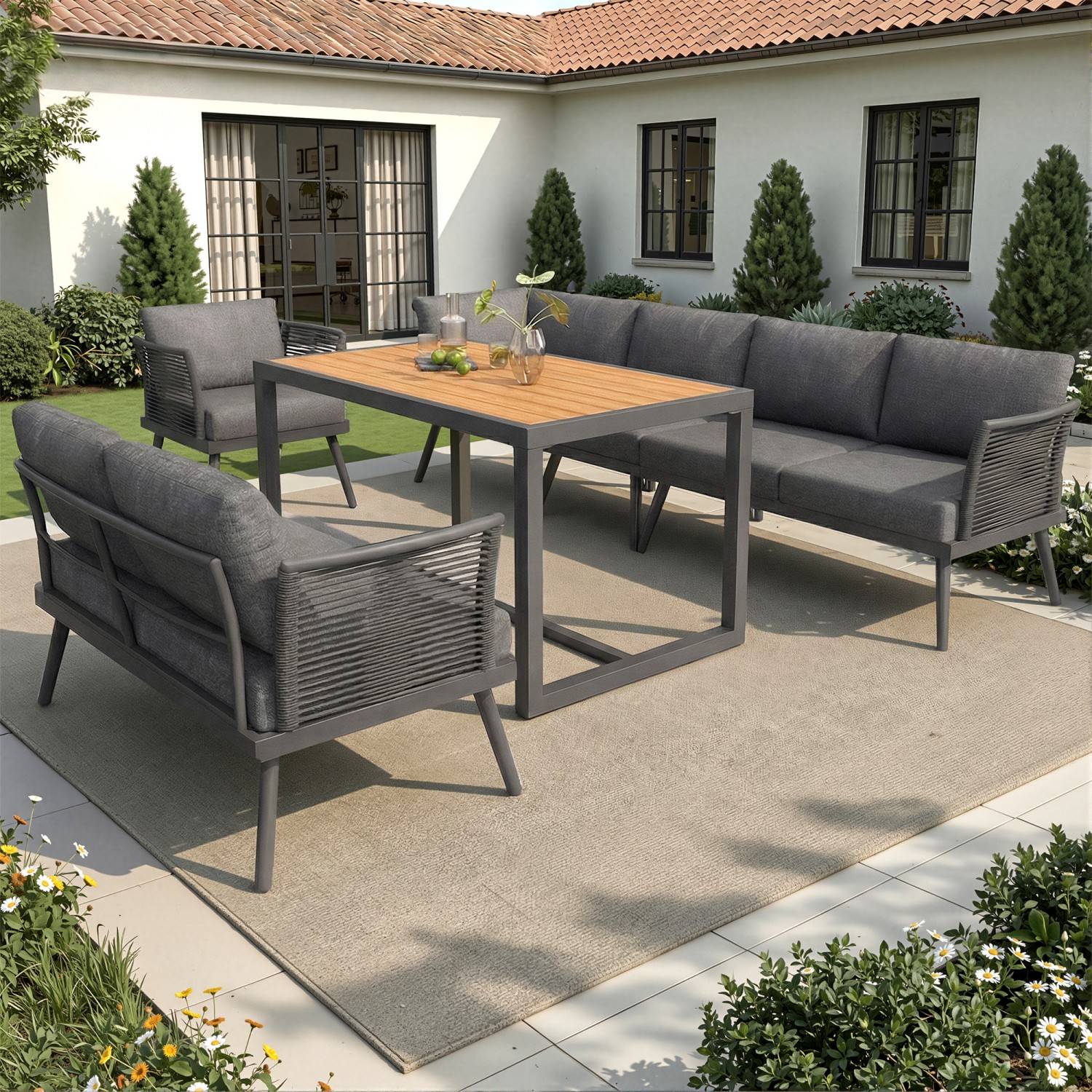 Canapé de jardin en L à sept places avec accoudoirs tressés, résistant aux intempéries, structure en fer, avec coussins et oreillers, gris - Image 2