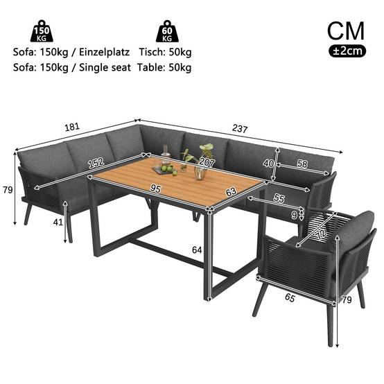 Canapé de jardin en L à sept places avec accoudoirs tressés, résistant aux intempéries, structure en fer, avec coussins et oreillers, gris - Image 4