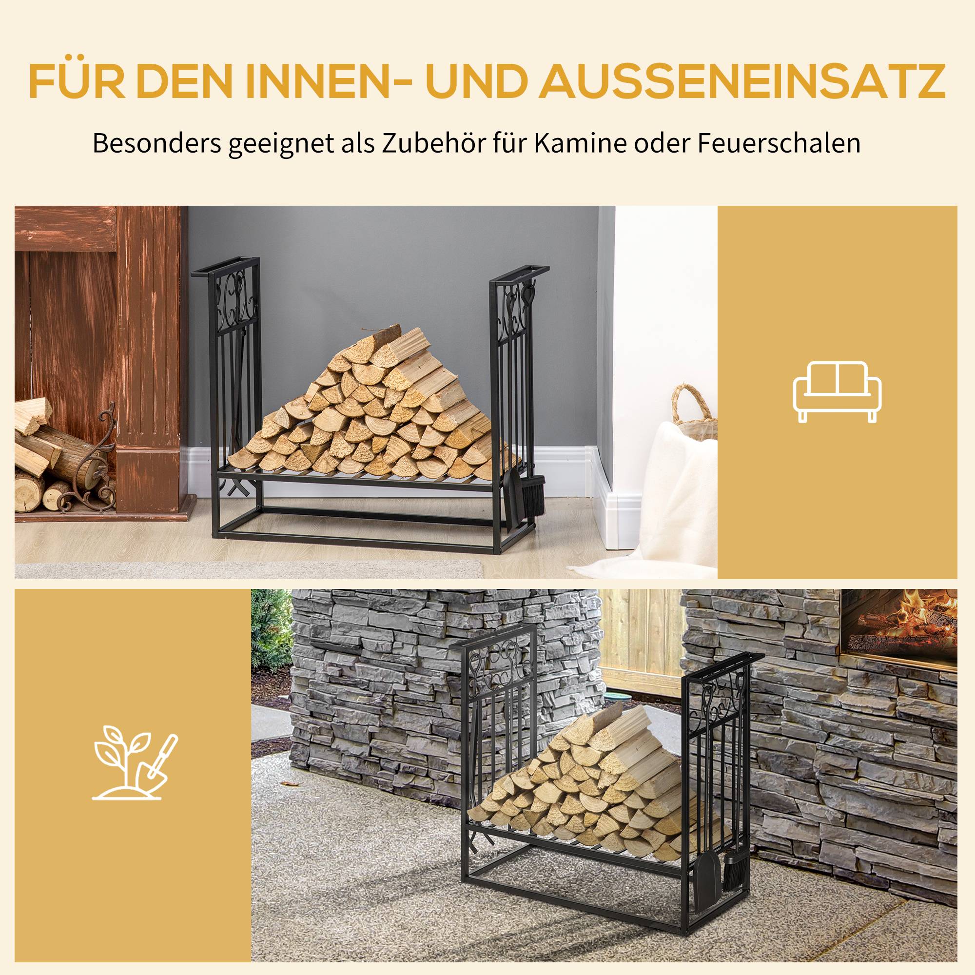 ComfortXL - Porte-bûches avec serviteur acier noir 75 x 30 x 60 cm pour cheminée intérieur extérieur charge 100 kg - Image 6