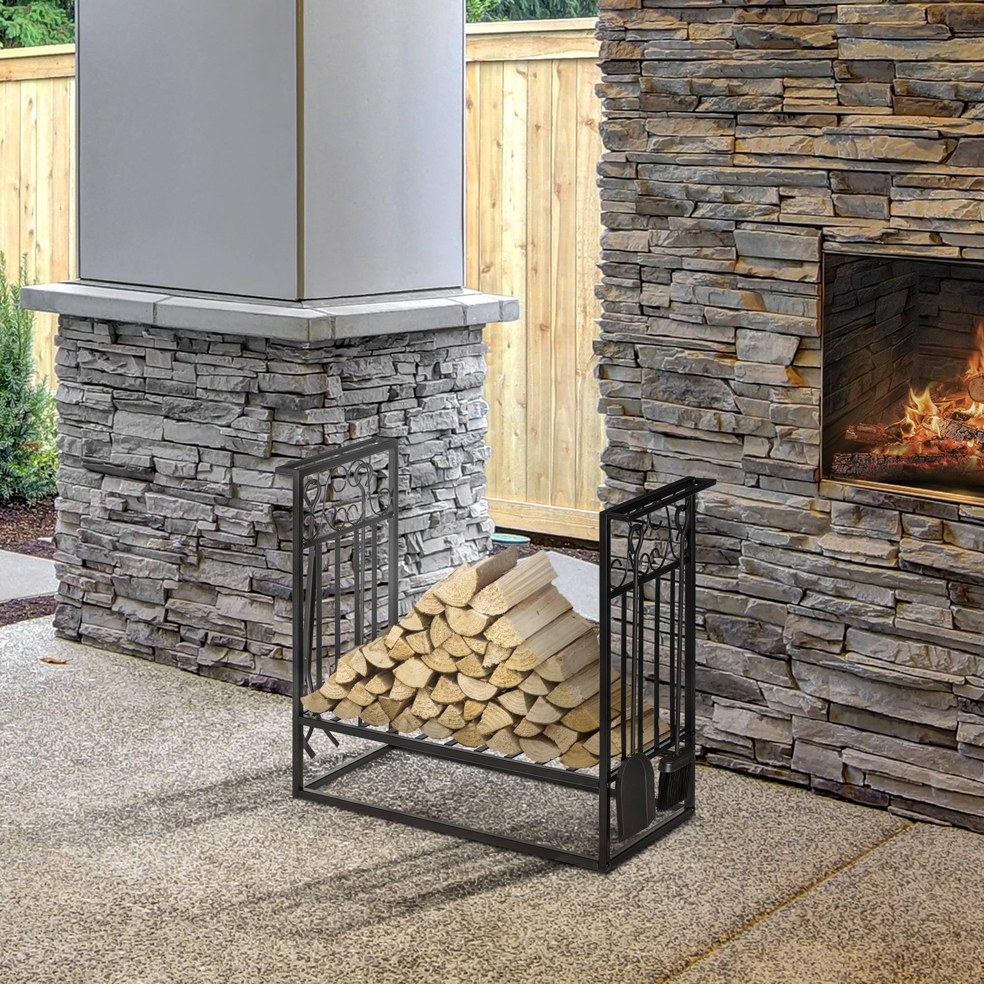 ComfortXL - Porte-bûches avec serviteur acier noir 75 x 30 x 60 cm pour cheminée intérieur extérieur charge 100 kg - Image 1