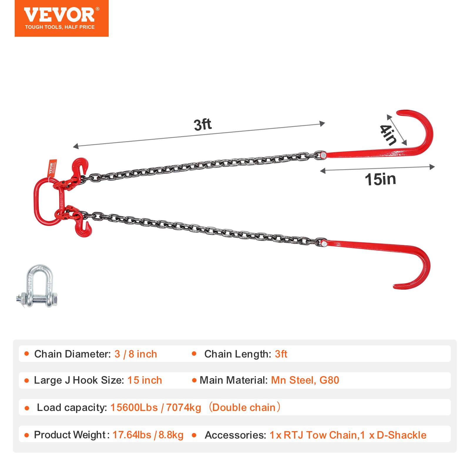 Vevor - VEVOR Chaîne de remorquage G80 10 mm x 90 cm, capacité 7 074 kg, crochets J et crochet de préhension, manille incluse. - Image 6