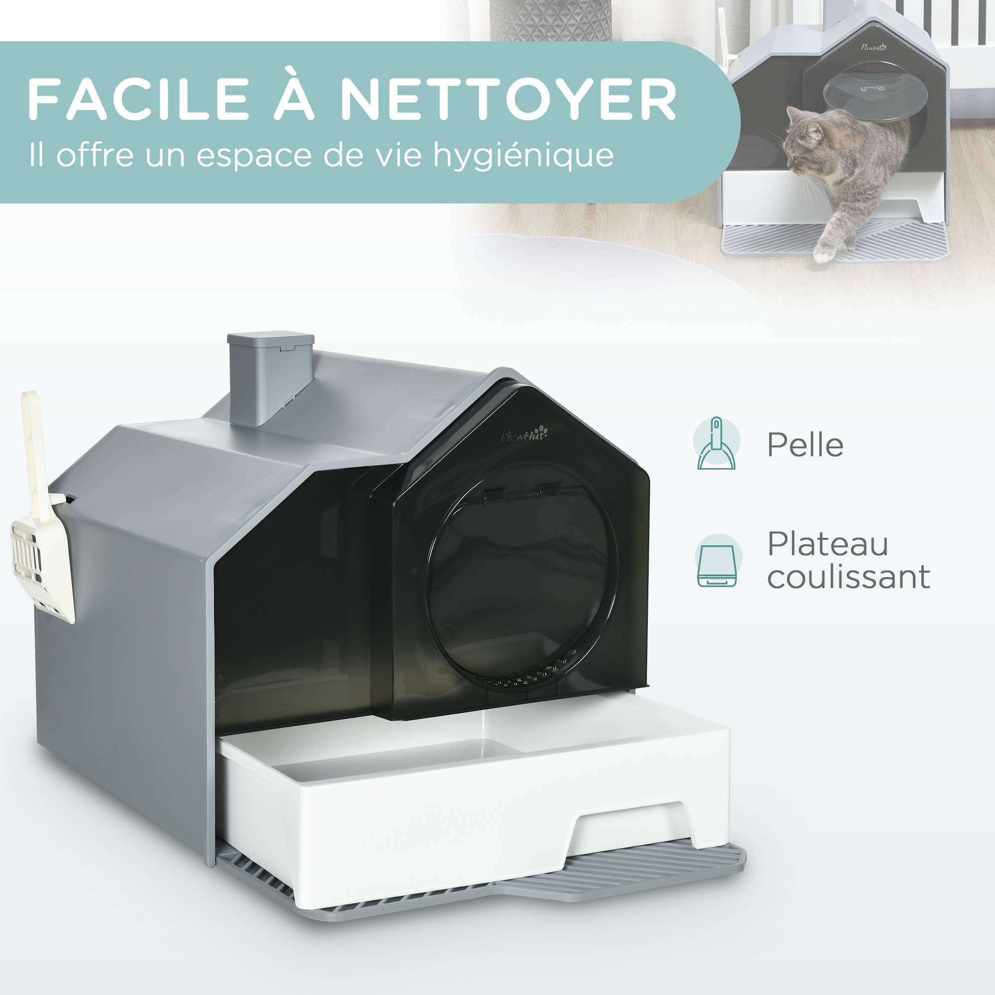 Maison de toilette bac à litière pour chat design maisonnette avec pelle, filtre et tapis dim. 47L x 45l x 42H cm - Image 7
