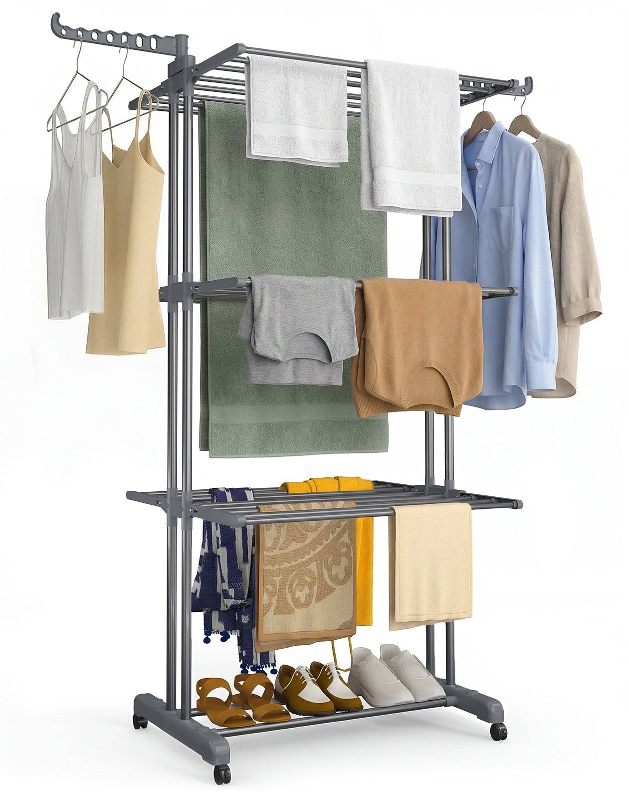 Vounot - Étendoir à linge pliable 126x63x170cm, Séchoir 4 niveaux grande capacité avec roulettes, Gris, VOUNOT® - Image 1
