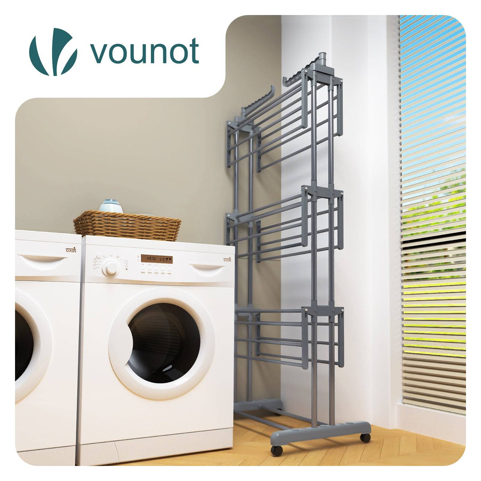 Vounot - Étendoir à linge pliable 126x63x170cm, Séchoir 4 niveaux grande capacité avec roulettes, Gris, VOUNOT® - Image 6