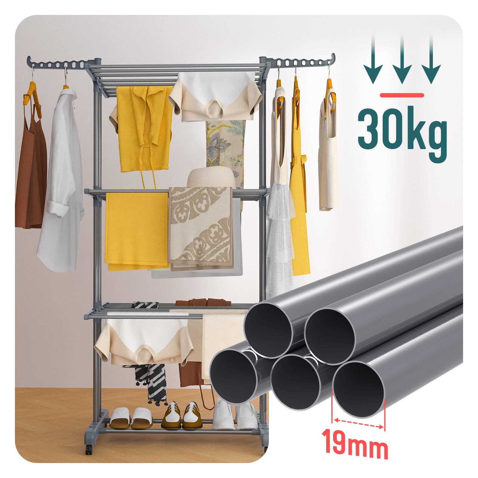 Vounot - Étendoir à linge pliable 126x63x170cm, Séchoir 4 niveaux grande capacité avec roulettes, Gris, VOUNOT® - Image 7