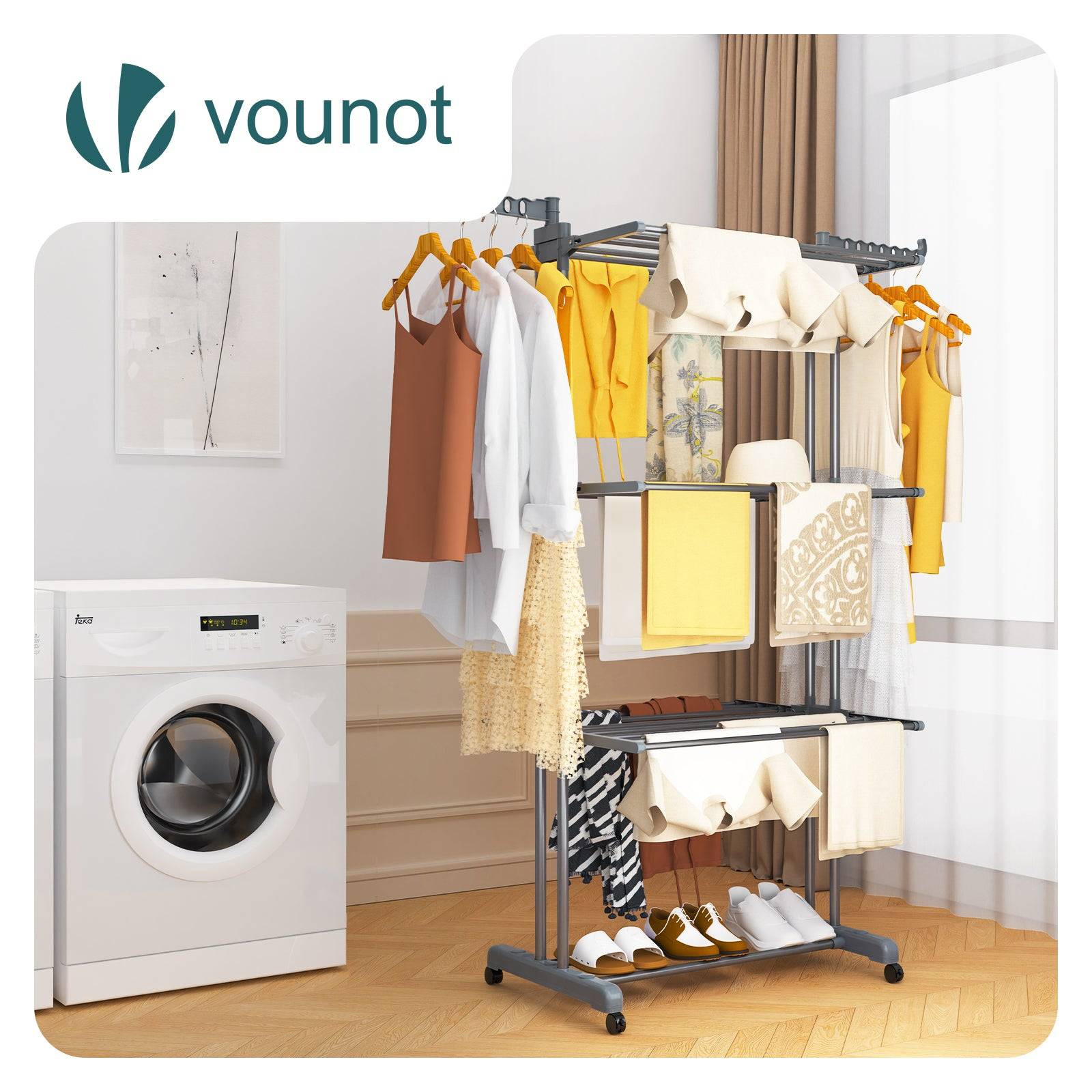 Vounot - Étendoir à linge pliable 126x63x170cm, Séchoir 4 niveaux grande capacité avec roulettes, Gris, VOUNOT® - Image 2