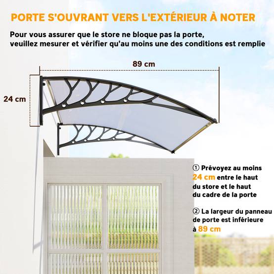 Auvent de porte d'entrée toit marquise en polycarbonate protection contre pluie neige UV 90 x 122 cm, transparente - Image 9