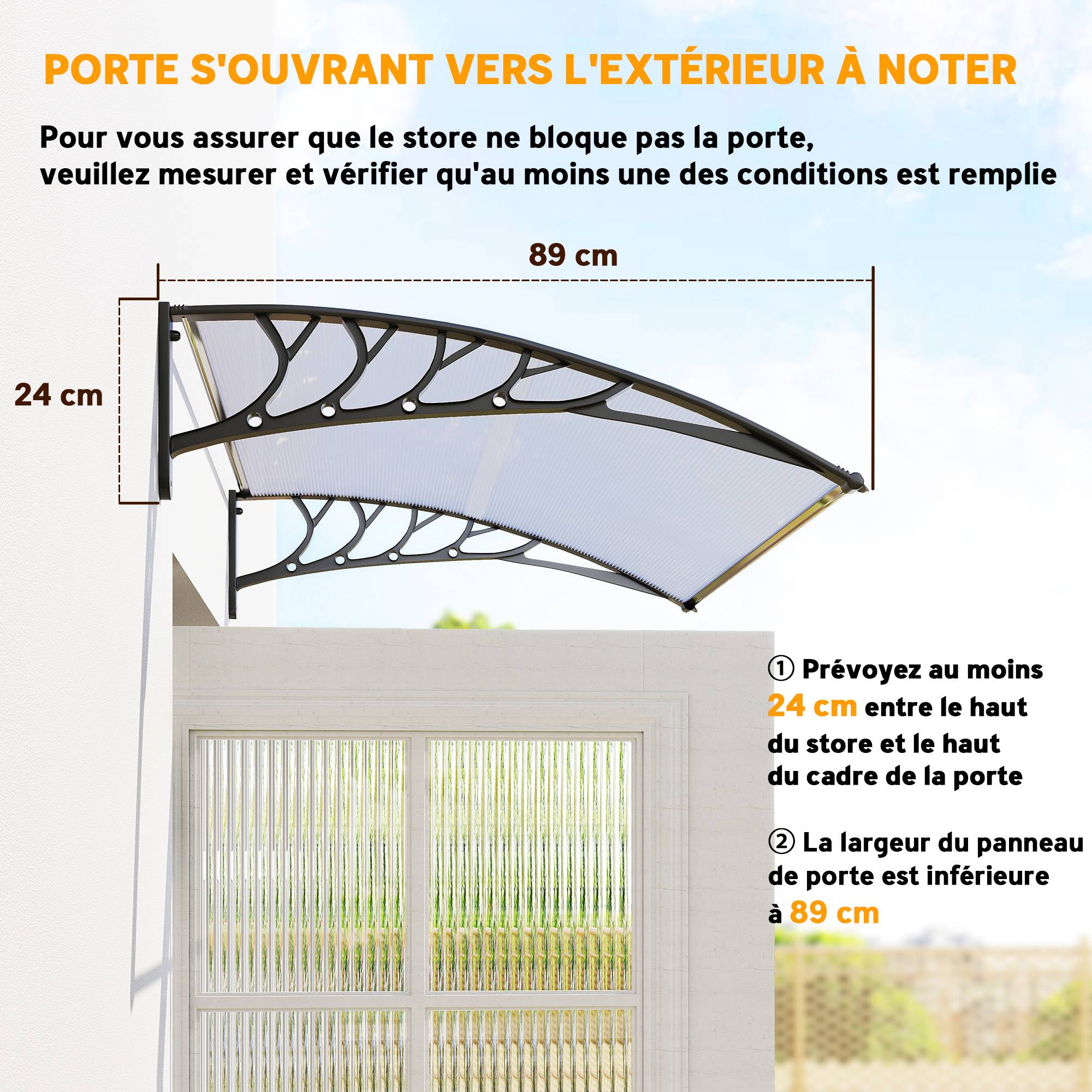 Auvent de porte d'entrée toit marquise en polycarbonate protection contre pluie neige UV 90 x 122 cm, transparente - Image 9