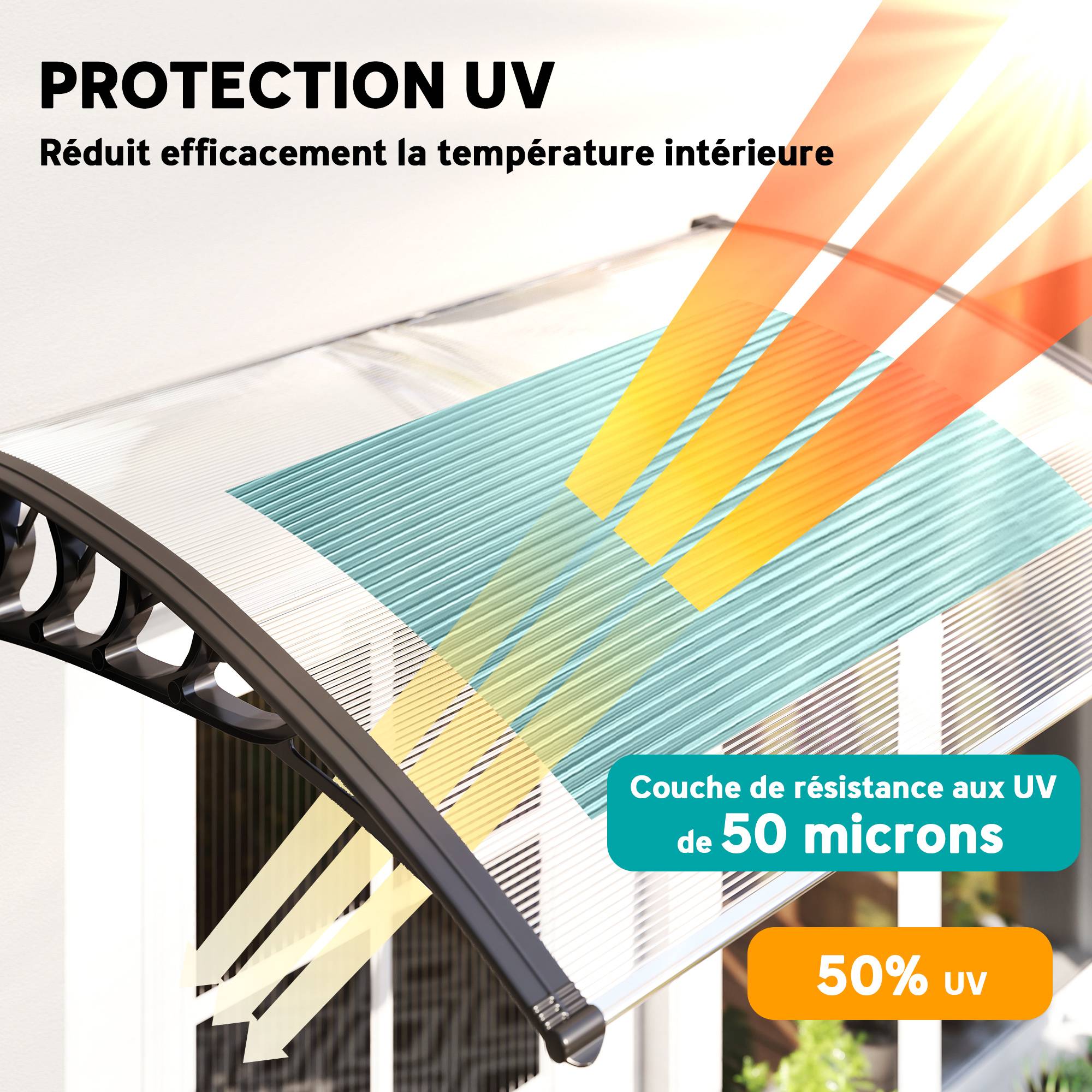 Auvent de porte d'entrée toit marquise en polycarbonate protection contre pluie neige UV 90 x 122 cm, transparente - Image 6