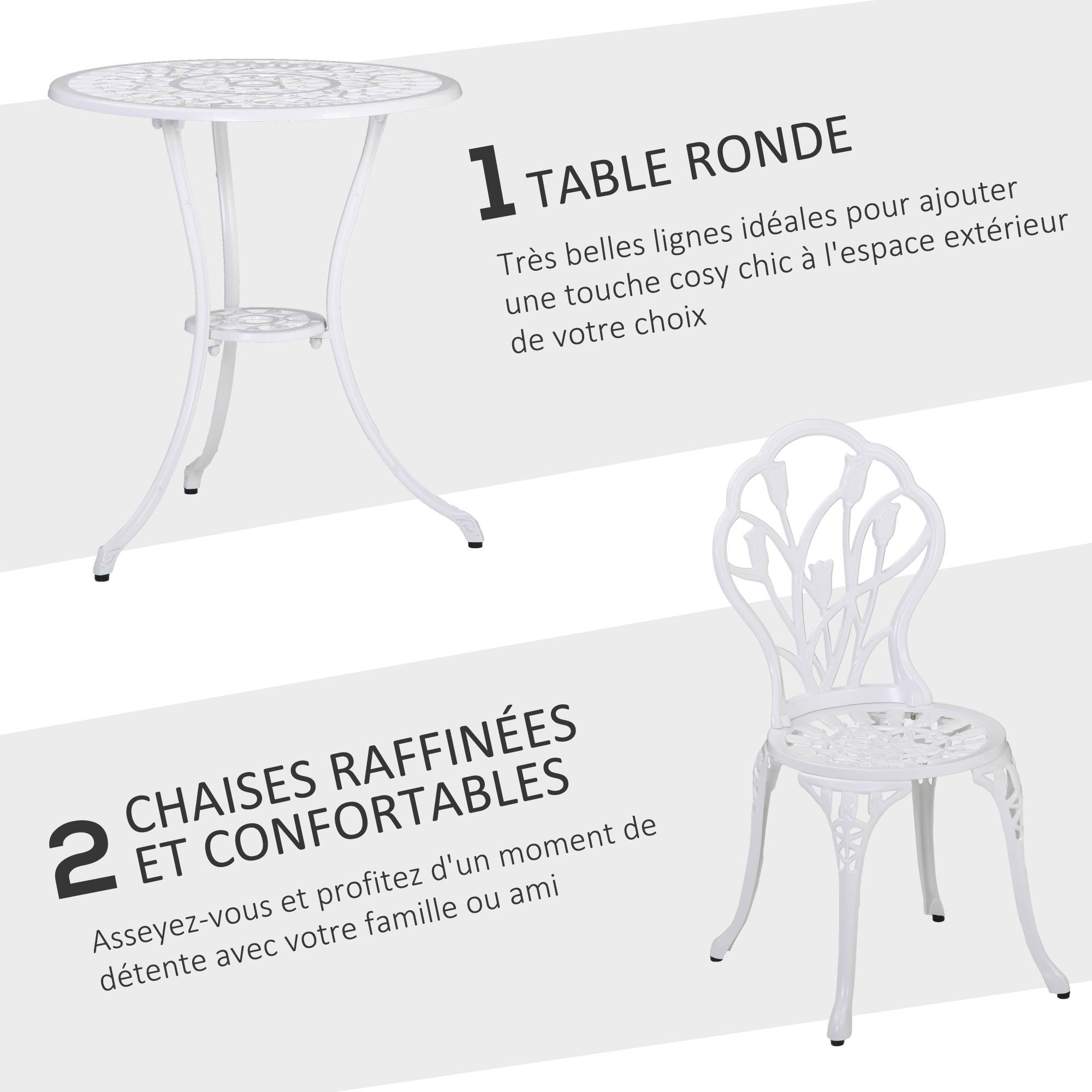 Outsunny - Ensemble salon de jardin 2 places 2 chaises + table ronde fonte d'aluminium imitation fer forgé blanc - Outsunny - Image 5