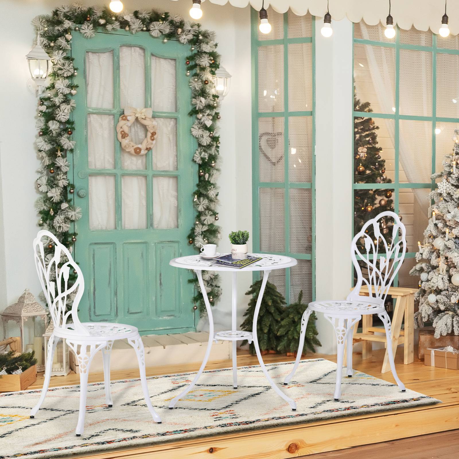 Outsunny - Ensemble salon de jardin 2 places 2 chaises + table ronde fonte d'aluminium imitation fer forgé blanc - Outsunny - Image 2
