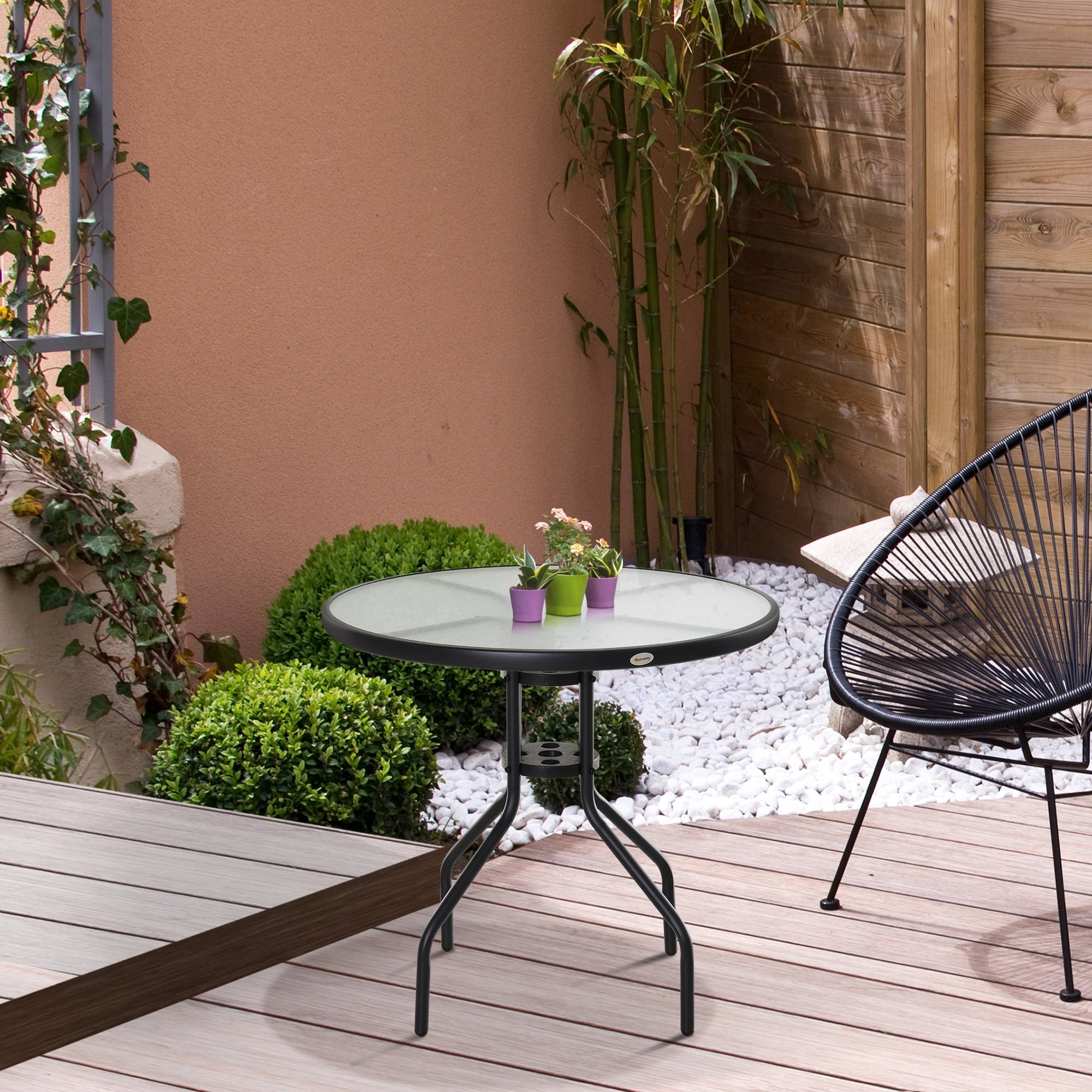 Table Ronde Bistro de Jardin Ø 80 x 72H cm Espace Installation Parasol Acier époxy Noir Plateau Verre trempé - Image 3