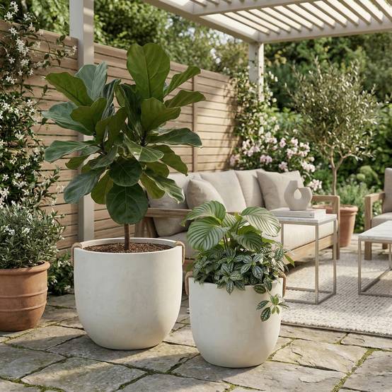Lot 2 Pots Fleurs Magnésie Effet Béton Jardin Terrasse Avec Drainage Blanc Cassé - ComfortXL Outdoor Living - Image 1