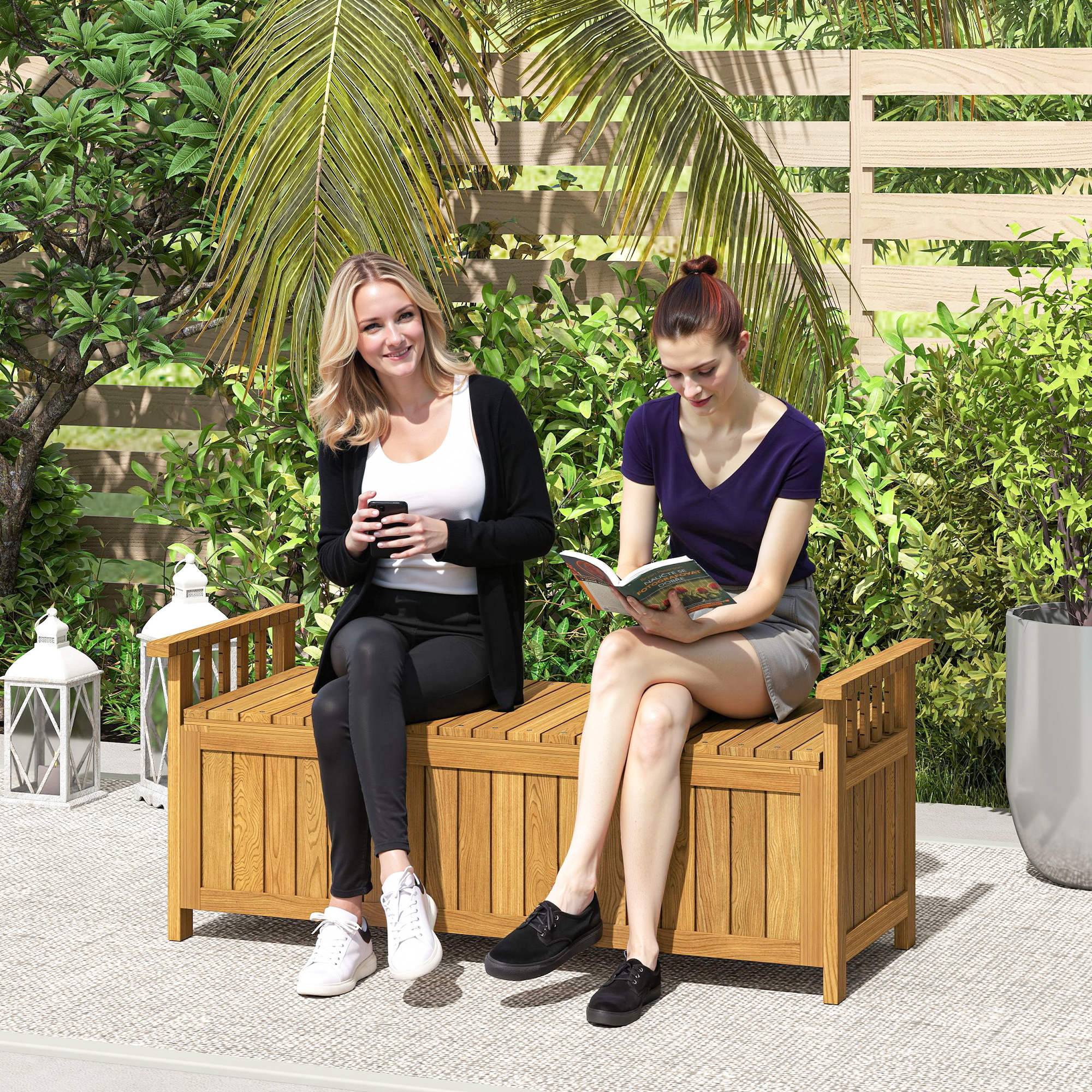 Banc de jardin 2 places en bois avec rangement de 151L banc d'extérieur avec accoudoirs 128,5 x 56 x 53,5 cm marron - Image 3