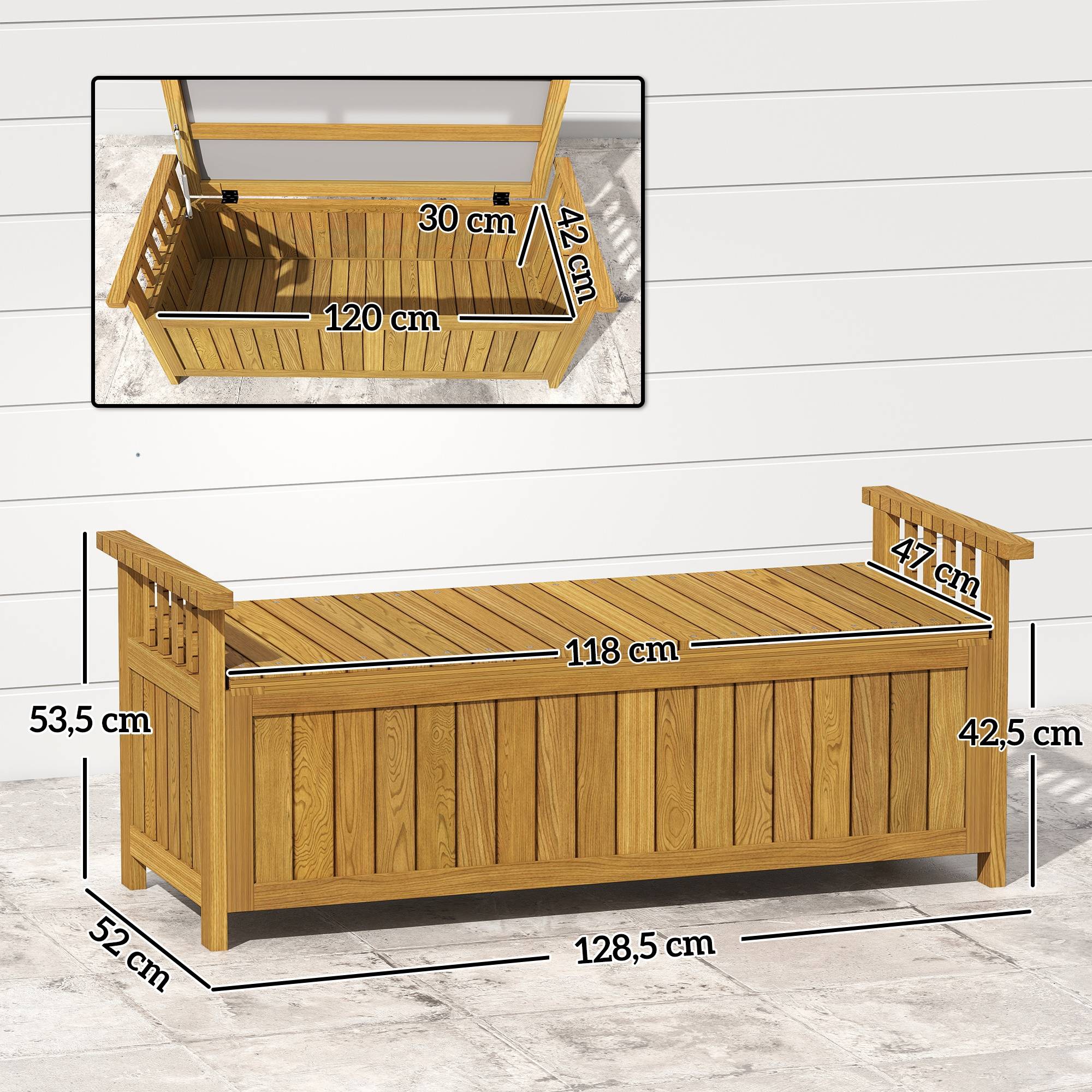 Banc de jardin 2 places en bois avec rangement de 151L banc d'extérieur avec accoudoirs 128,5 x 56 x 53,5 cm marron - Image 5