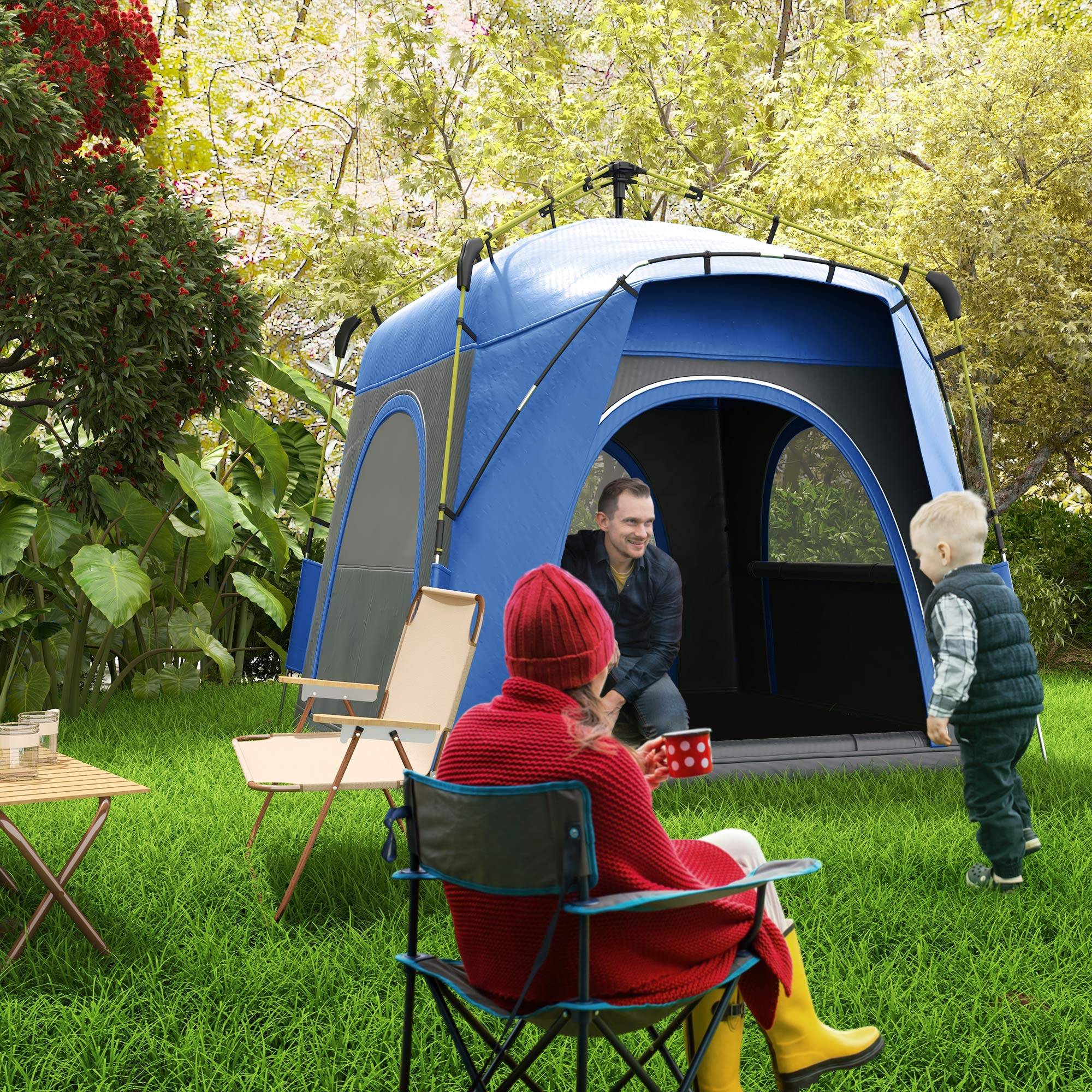 ComfortXL - Tente camping pop-up polyester 3 places familiale 4 portes haute 1,99 m bleu gris - ComfortXL Outdoor Living - Image 3