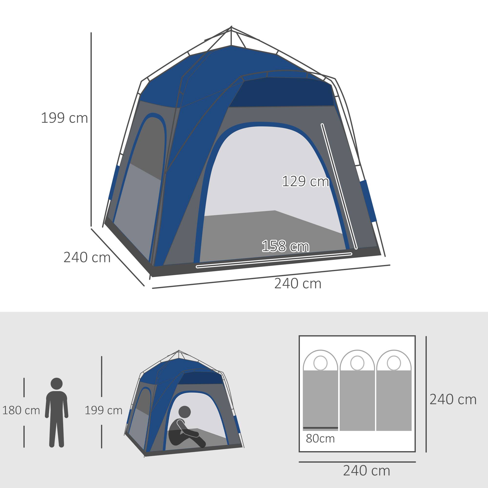 ComfortXL - Tente camping pop-up polyester 3 places familiale 4 portes haute 1,99 m bleu gris - ComfortXL Outdoor Living - Image 5