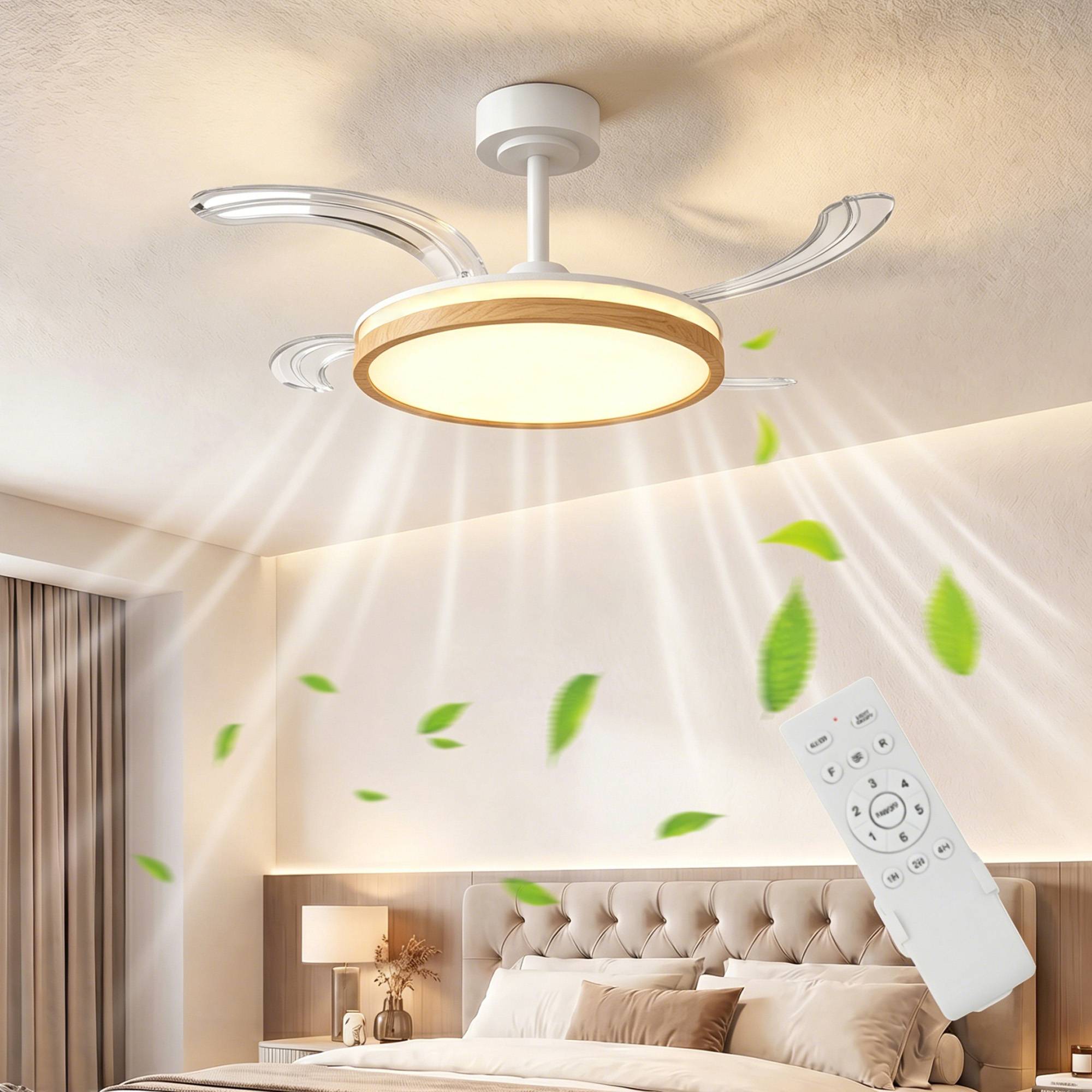 Sans Marque - Ventilateur plafond éclairage LED moteur CC 80 W télécommande réversible 6 vitesses minuterie Ø95 cm naturel - Image 3