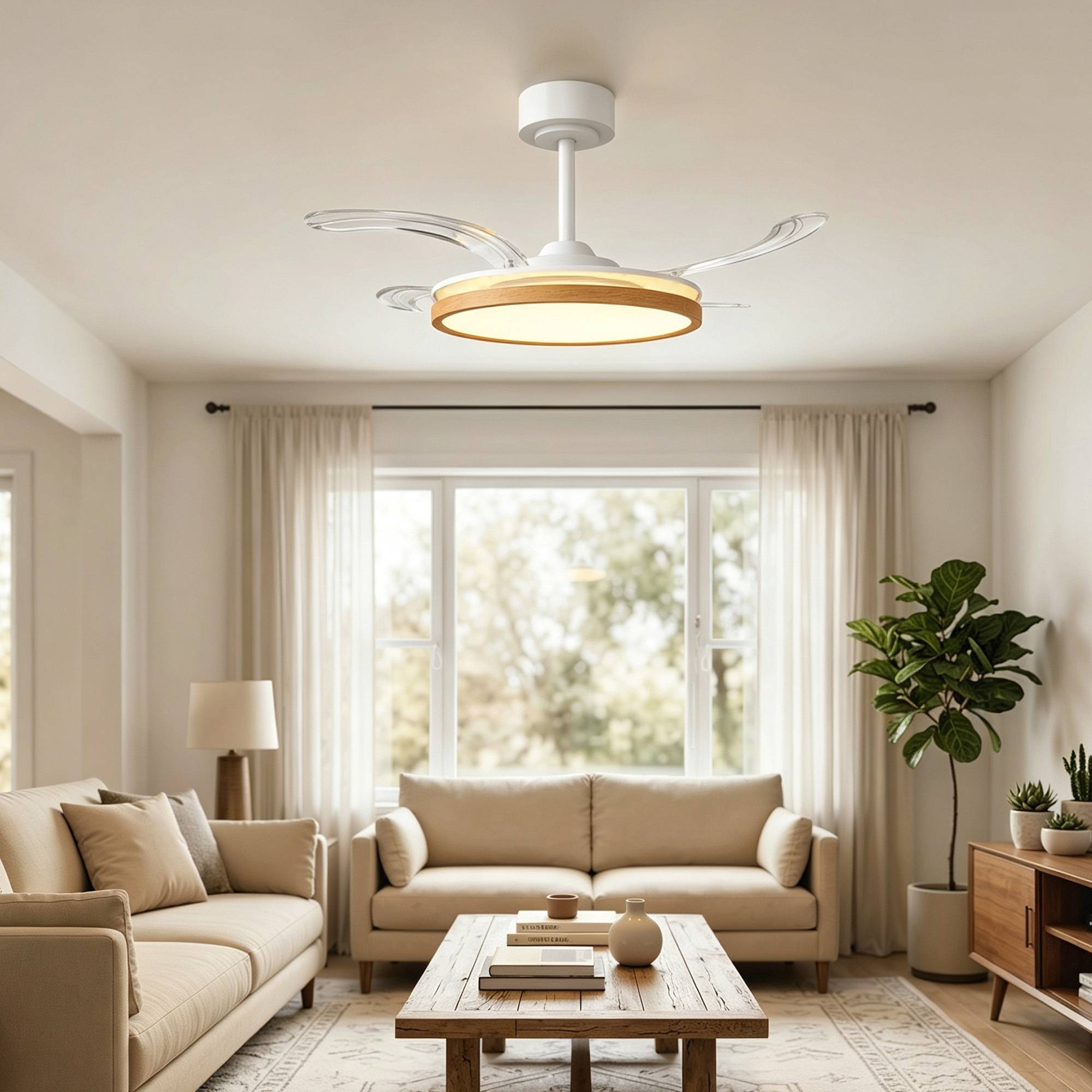 Sans Marque - Ventilateur plafond éclairage LED moteur CC 80 W télécommande réversible 6 vitesses minuterie Ø95 cm naturel - Image 4
