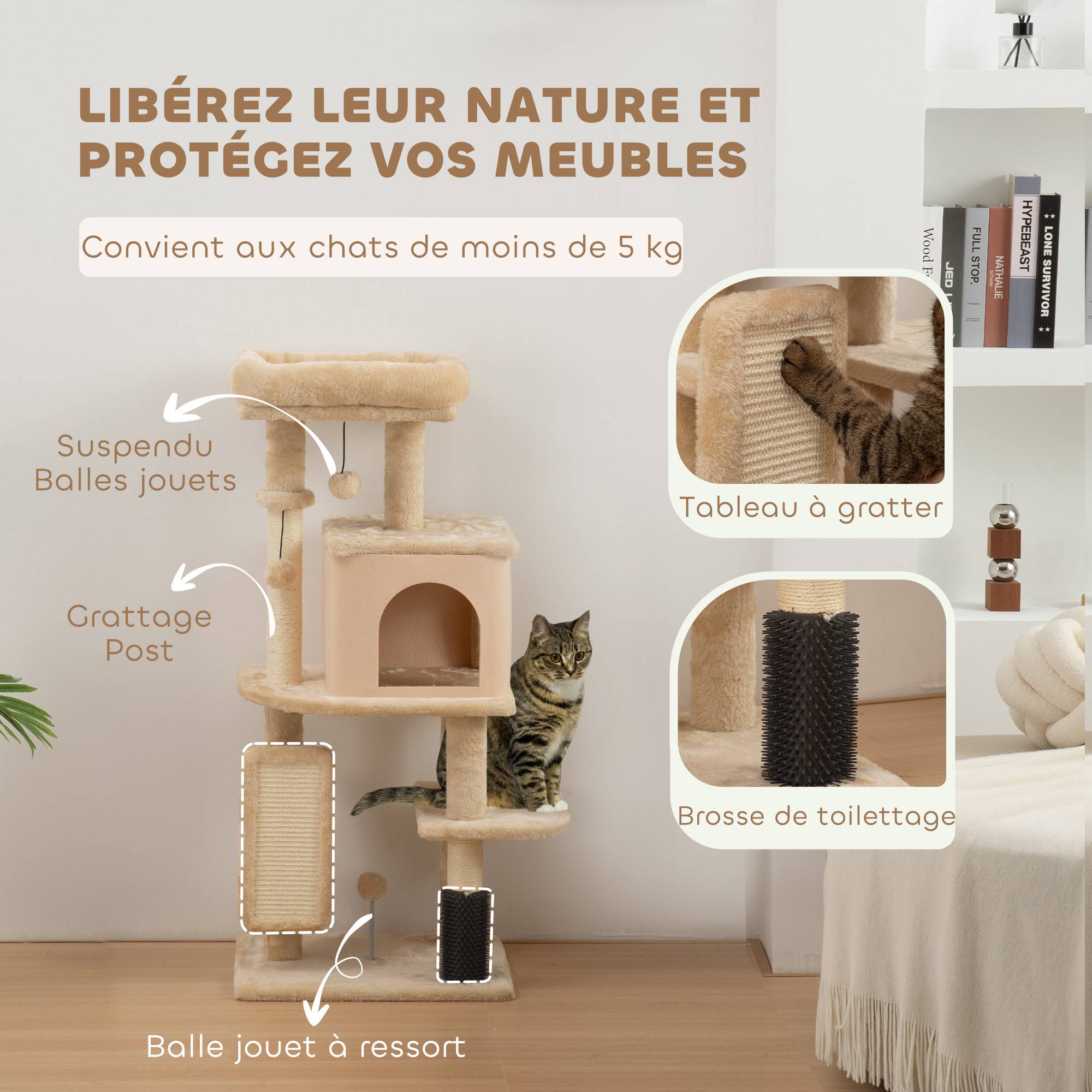 ComfortXL - Arbre à chat beige 44 x 34 x 104 cm intérieur avec sisal maison lit brosse et jouets - ComfortXL Outdoor Living - Image 6