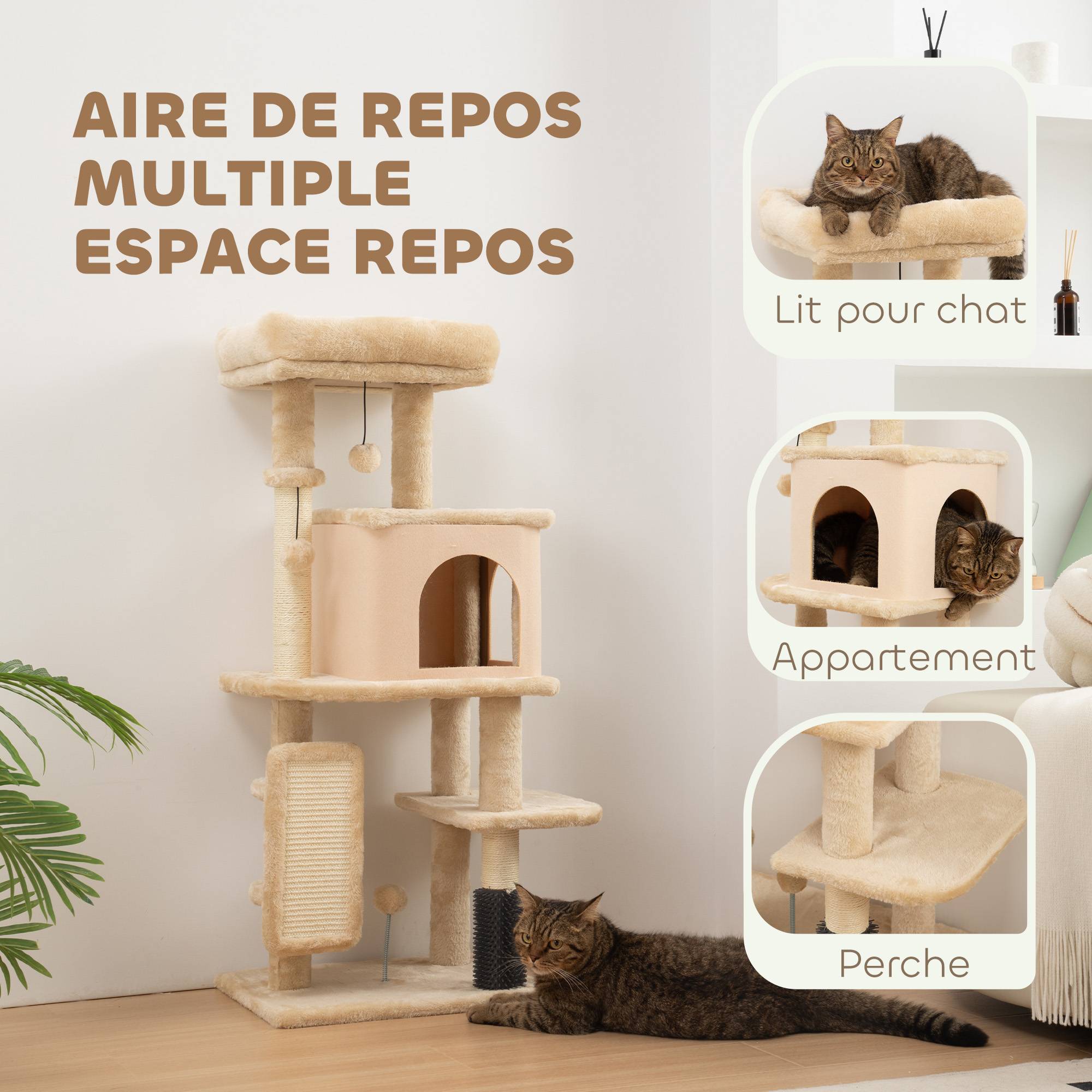 ComfortXL - Arbre à chat beige 44 x 34 x 104 cm intérieur avec sisal maison lit brosse et jouets - ComfortXL Outdoor Living - Image 5
