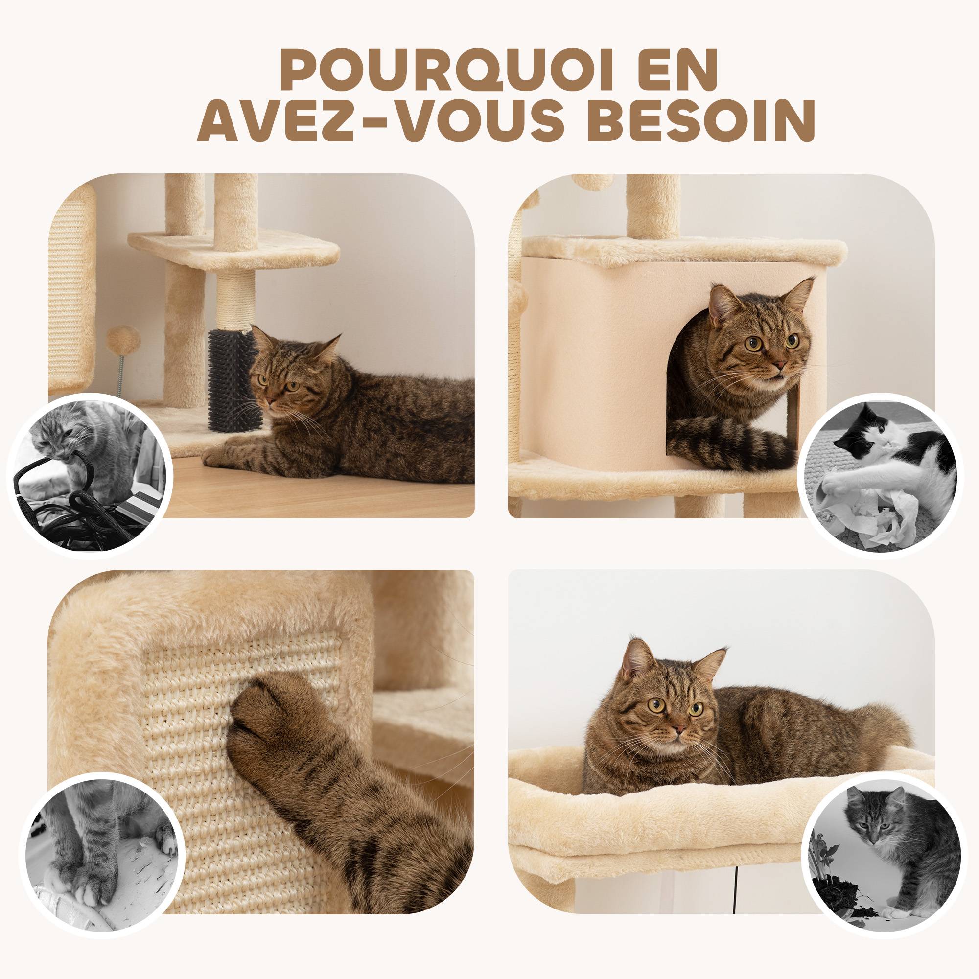 ComfortXL - Arbre à chat beige 44 x 34 x 104 cm intérieur avec sisal maison lit brosse et jouets - ComfortXL Outdoor Living - Image 8