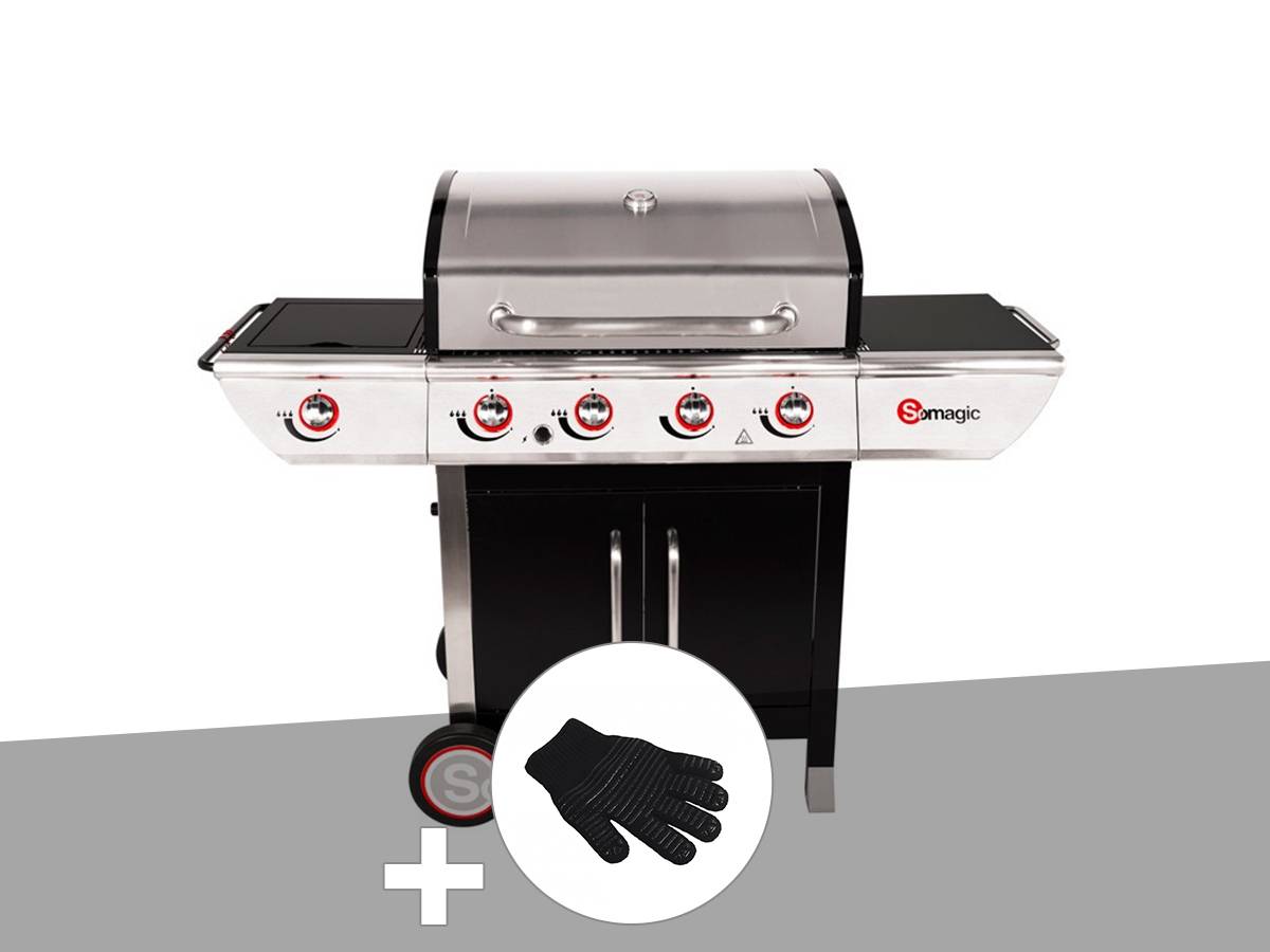 Somagic - Barbecue à gaz avec chariot Manhattan 450GPI + plancha + Gant de protection