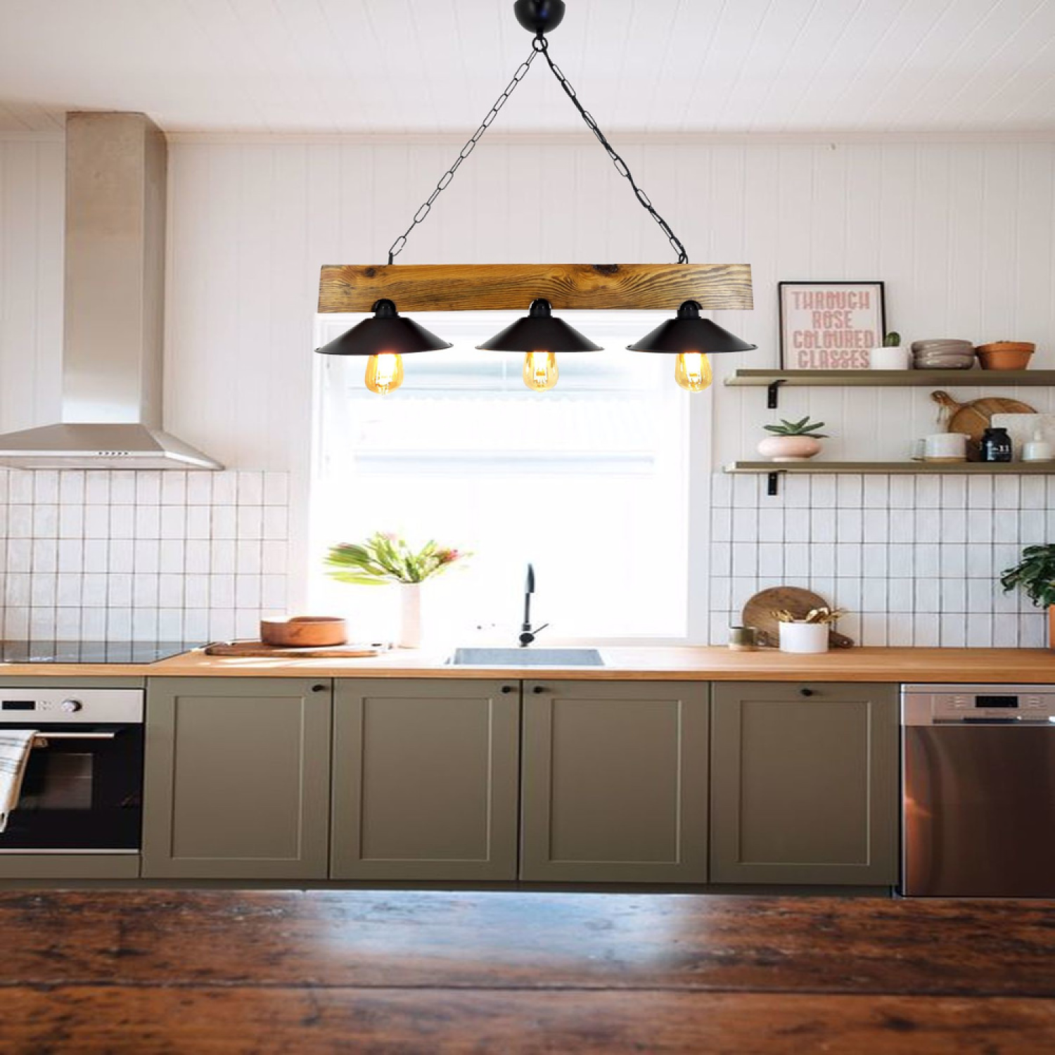 Concept Usine - Suspension rustique 3 lampes bois et noire ENOLA - Image 2