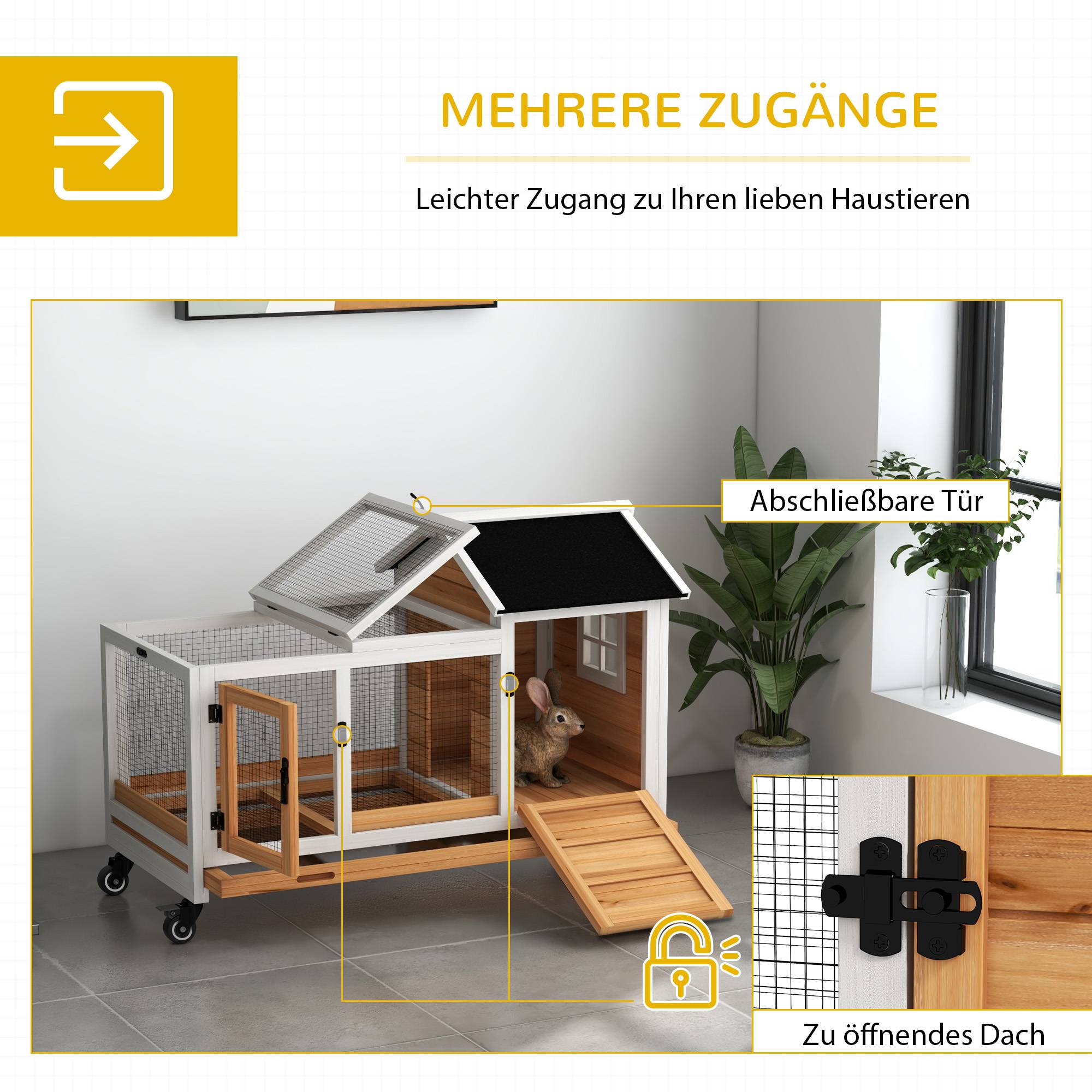Cage Lapin Bois Sapin Intérieur Extérieur Mobile Sur Roulettes 108cm Jaune - ComfortXL Pet Living - Image 5