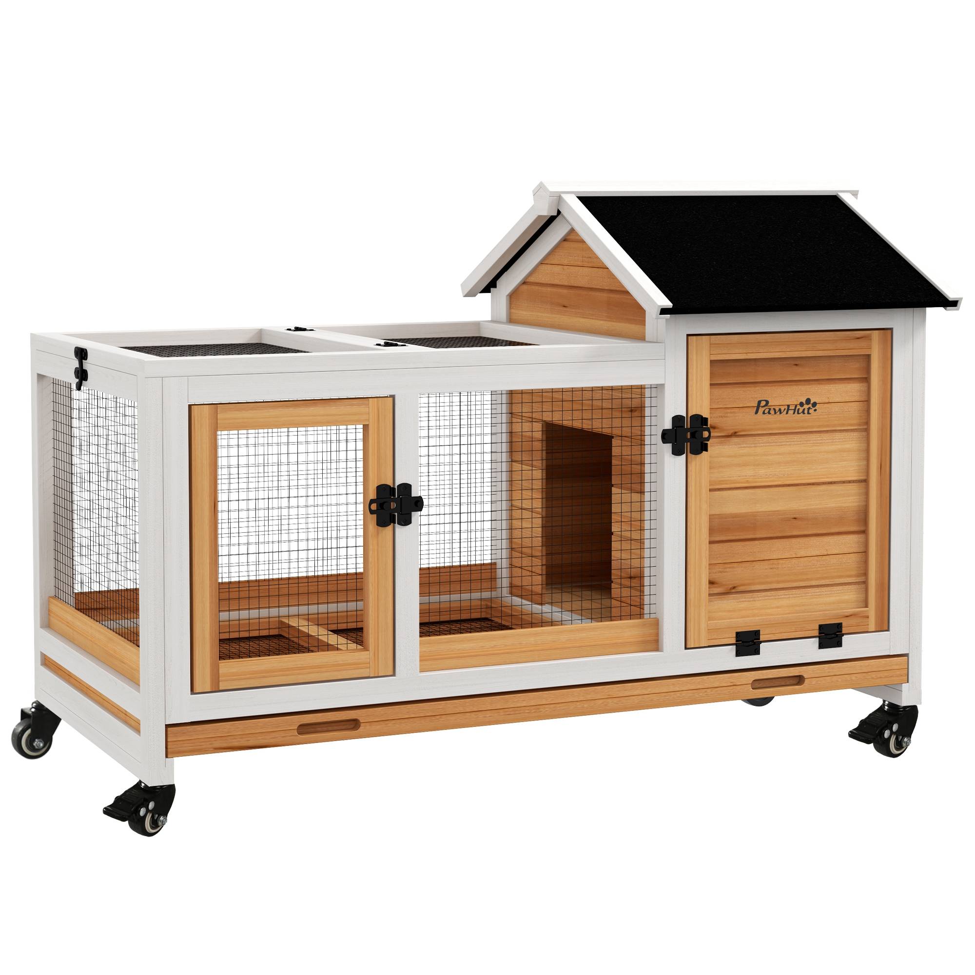 Cage Lapin Bois Sapin Intérieur Extérieur Mobile Sur Roulettes 108cm Jaune - ComfortXL Pet Living - Image 2