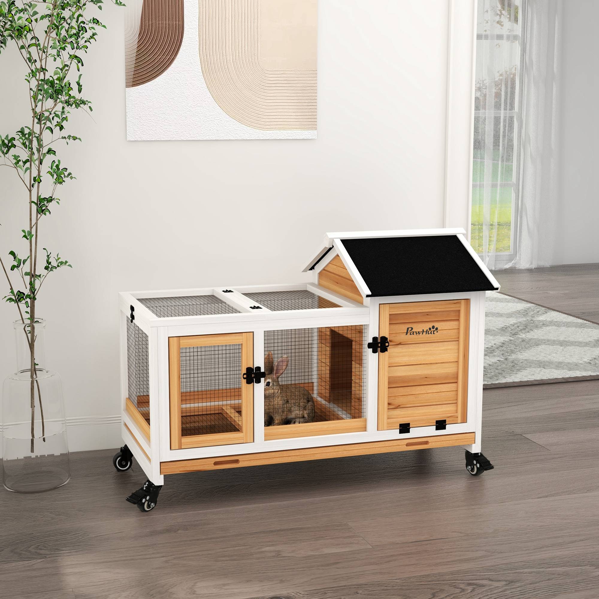 Cage Lapin Bois Sapin Intérieur Extérieur Mobile Sur Roulettes 108cm Jaune - ComfortXL Pet Living - Image 1