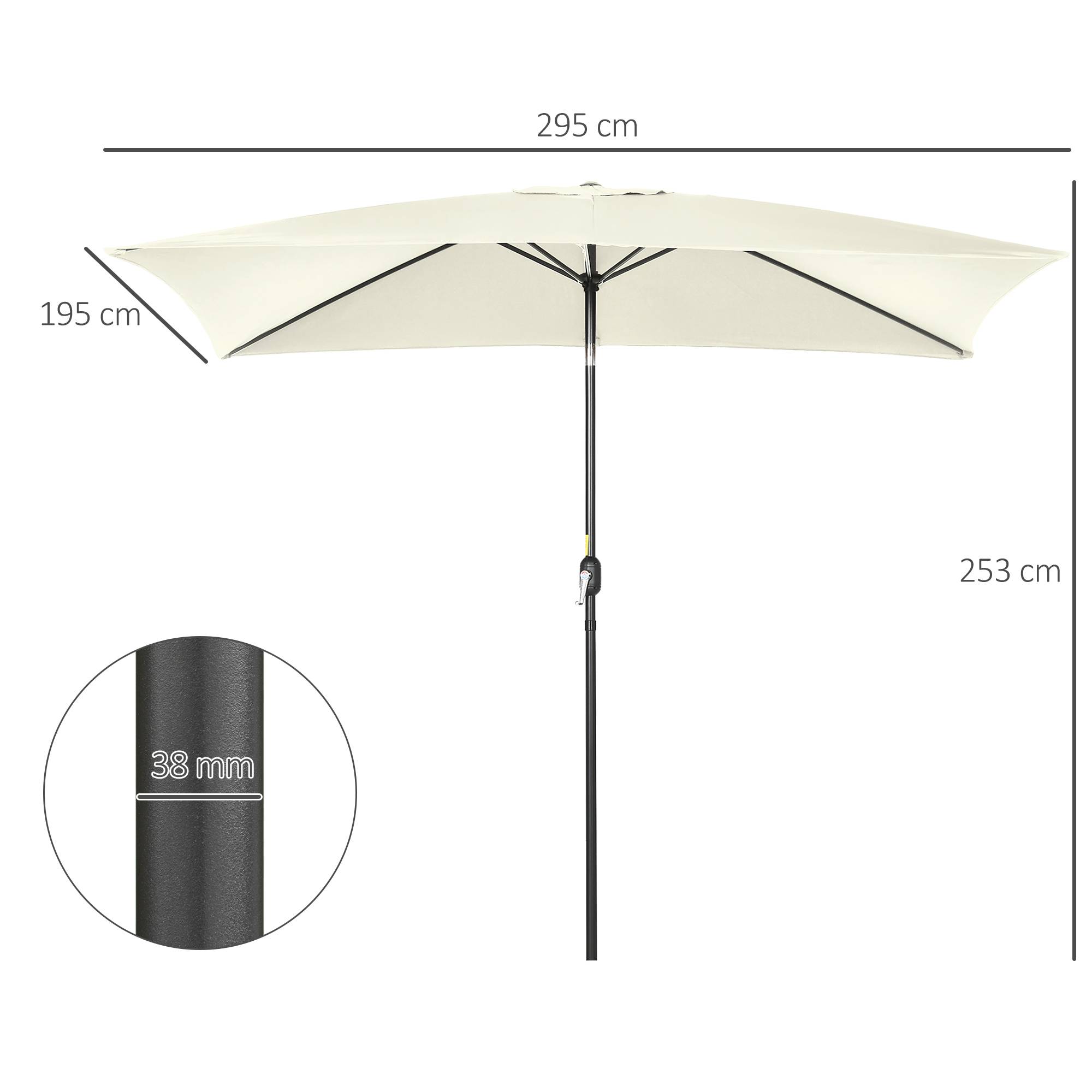 Parasol inclinable rectangulaire métal polyester haute densité 3 x 2 m crème fr342 - Image 5