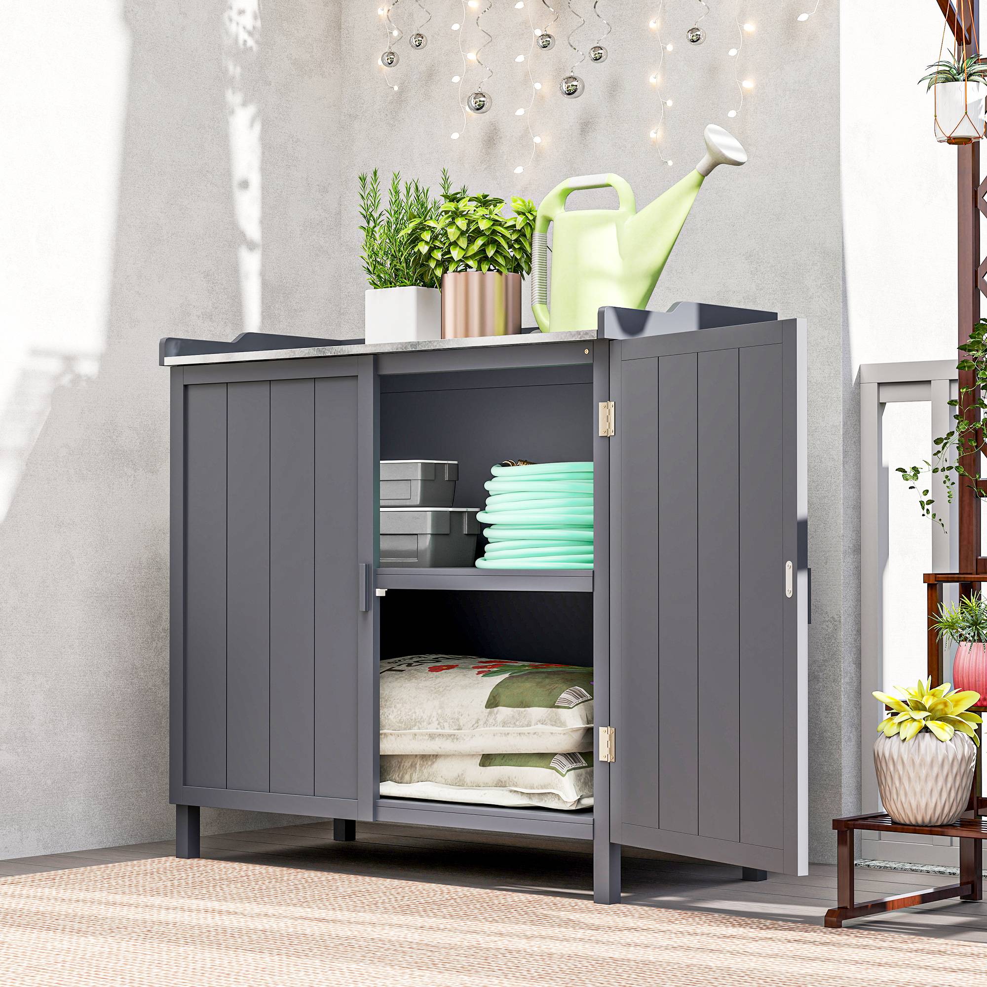 Outsunny - Armoire de rangement jardin table rempotage 2en1 double porte étagère plateau métal galvanisé gris - Outsunny - Image 4