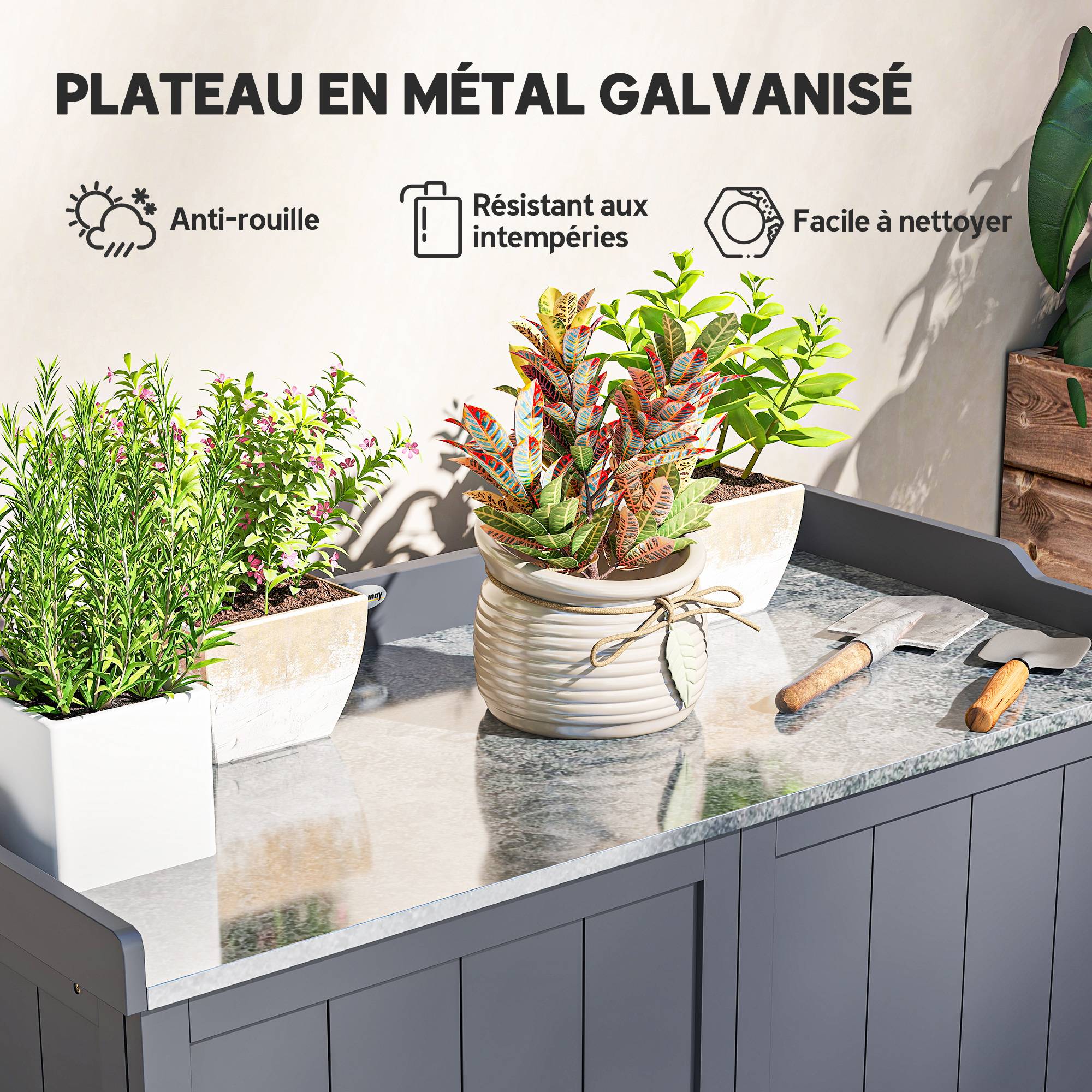 Outsunny - Armoire de rangement jardin table rempotage 2en1 double porte étagère plateau métal galvanisé gris - Outsunny - Image 5